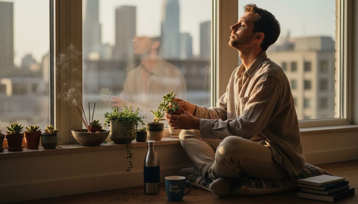 Energetische Heilung Guide: Schritt-für-Schritt zur Selbstheilung 1 Ein Mann stellt seine Zimmerpflanzen am sonnigen Fenster auf und achtet darauf, dass jede genug Licht bekommt.