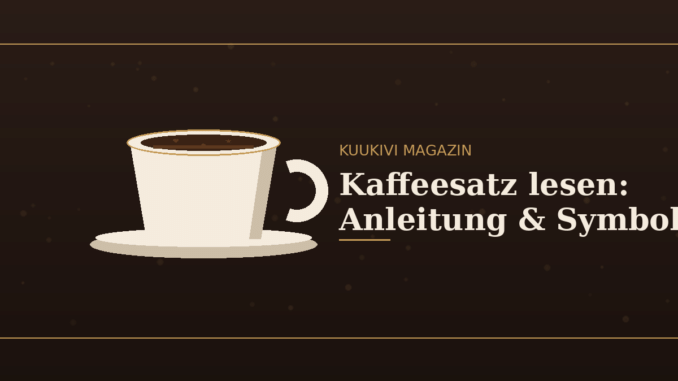 Stilisierte Kaffeetasse mit mehreren Symbolen im Kaffeesatz - Herz, Stern, Kreis und Linie - Illustration zum Thema Kaffeesatzlesen