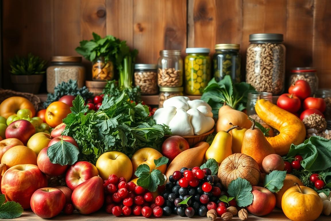 A bountiful display of seasonal and regional superfood alternatives against a warm, earthy backdrop. In the foreground, an array of vibrant produce - locally grown apples, pears, berries, and leafy greens. In the middle ground, jars of fermented foods, nuts, and whole grains. The background features a rustic wooden table or shelves, bathed in soft, natural lighting that highlights the rich colors and textures. A sense of abundance, simplicity, and connection to the land permeates the scene, inviting the viewer to discover the wellness-boosting potential of these local superfoods.
