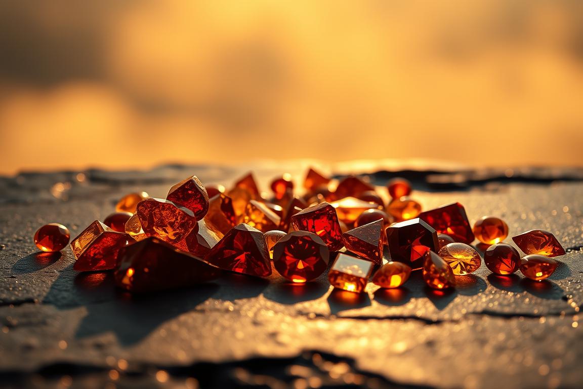 A breathtaking display of Skorpion Edelsteine, shimmering under a warm, golden light. The gemstones, in shades of amber, crimson, and deep ochre, are artfully arranged on a sleek, polished obsidian surface, creating a striking contrast. The foreground features a cluster of these mesmerizing stones, their facets catching the light and casting intricate reflections. In the middle ground, the gems are more scattered, creating a sense of depth and movement. The background fades into a hazy, atmospheric gradient, allowing the Skorpion Edelsteine to take center stage. The overall composition conveys a sense of mysticism and natural wonder, perfectly capturing the inspirational essence of these healing crystals for the Scorpio sign. A breathtaking display of Skorpion Edelsteine, shimmering under a warm, golden light. The gemstones, in shades of amber, crimson, and deep ochre, are artfully arranged on a sleek, polished obsidian surface, creating a striking contrast. The foreground features a cluster of these mesmerizing stones, their facets catching the light and casting intricate reflections. In the middle ground, the gems are more scattered, creating a sense of depth and movement. The background fades into a hazy, atmospheric gradient, allowing the Skorpion Edelsteine to take center stage. The overall composition conveys a sense of mysticism and natural wonder, perfectly capturing the inspirational essence of these healing crystals for the Scorpio sign.