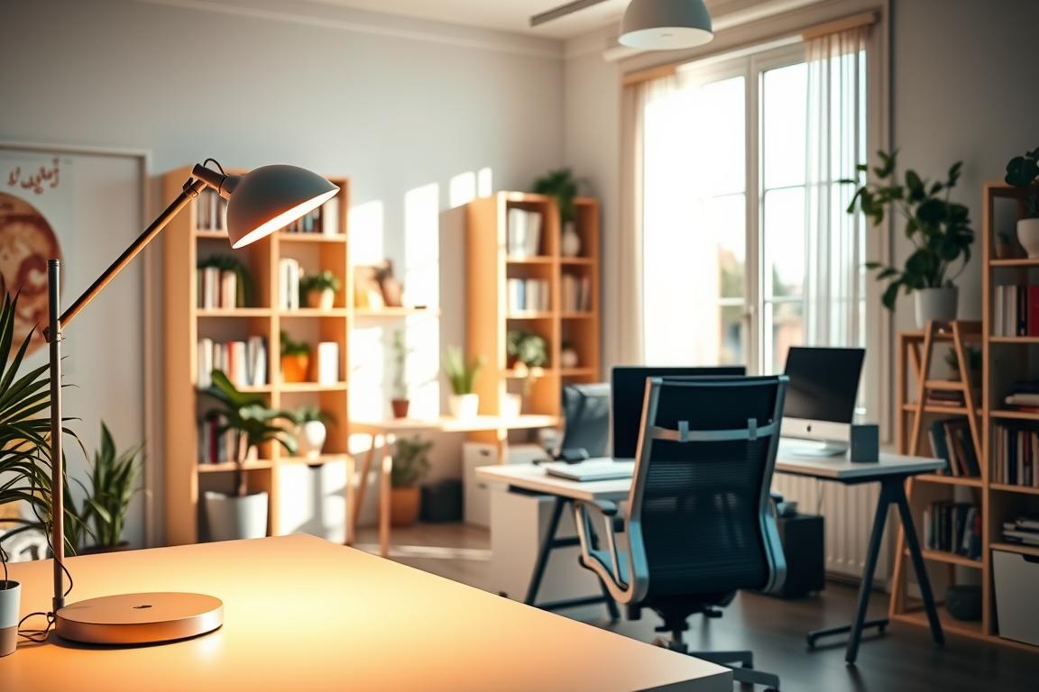 A bright, modern home office interior showcasing an ergonomic workspace with a stylish desk and a comfortable chair. In the foreground, there is a high-quality full-spectrum daylight lamp, casting warm and natural light across the room, illuminating the workspace effectively. The lamp is certified as a medical product, symbolizing its importance for productivity. In the middle ground, bookshelves neatly organized with books and plants add a touch of warmth, while a sleek computer is positioned on the desk, with office supplies arranged orderly. The background features a large window with daylight streaming in, creating an inviting atmosphere that promotes focus and creativity. The colors are vibrant, emphasizing the importance of accurate color reproduction in lighting. The overall mood is professional yet cozy, encouraging an effective work environment.