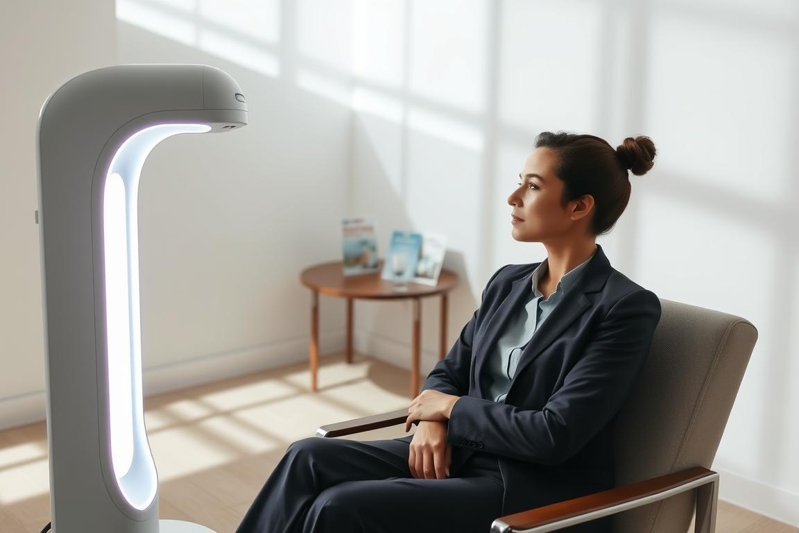 A calm, well-lit therapy room featuring a modern light therapy device emitting soft, warm light. In the foreground, a professional-looking person in a business casual outfit sits comfortably in a chair, gazing thoughtfully at the device, indicating a serene and focused atmosphere. In the middle background, a table with a few health-related pamphlets and a water glass adds to the calming ambiance. Soft shadows play across the light-colored walls, creating a soothing environment conducive to healing. The overall lighting is gentle and inviting, suggesting a safe and effective treatment space. The scene conveys a sense of tranquility and professionalism, reflecting the careful approach to minimizing side effects while maintaining the treatment's effectiveness. A calm, well-lit therapy room featuring a modern light therapy device emitting soft, warm light. In the foreground, a professional-looking person in a business casual outfit sits comfortably in a chair, gazing thoughtfully at the device, indicating a serene and focused atmosphere. In the middle background, a table with a few health-related pamphlets and a water glass adds to the calming ambiance. Soft shadows play across the light-colored walls, creating a soothing environment conducive to healing. The overall lighting is gentle and inviting, suggesting a safe and effective treatment space. The scene conveys a sense of tranquility and professionalism, reflecting the careful approach to minimizing side effects while maintaining the treatment's effectiveness.
