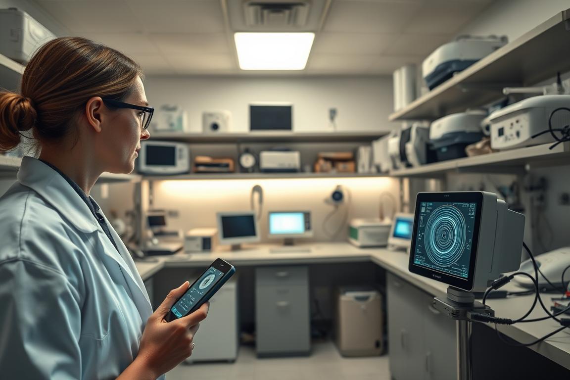A clinical research laboratory filled with state-of-the-art equipment. In the foreground, a scientist in a white lab coat examines a device displaying electromagnetic field readings. Behind them, various diagnostic machines and instruments line the shelves, casting an illuminating glow throughout the room. The scene conveys a sense of serious scientific inquiry into the phenomena of electromagnetic sensitivity, with a mood of careful, methodical investigation. Soft, even lighting highlights the details of the laboratory setting, while the angle creates a sense of immersion, as if the viewer is present observing the research firsthand. A clinical research laboratory filled with state-of-the-art equipment. In the foreground, a scientist in a white lab coat examines a device displaying electromagnetic field readings. Behind them, various diagnostic machines and instruments line the shelves, casting an illuminating glow throughout the room. The scene conveys a sense of serious scientific inquiry into the phenomena of electromagnetic sensitivity, with a mood of careful, methodical investigation. Soft, even lighting highlights the details of the laboratory setting, while the angle creates a sense of immersion, as if the viewer is present observing the research firsthand.