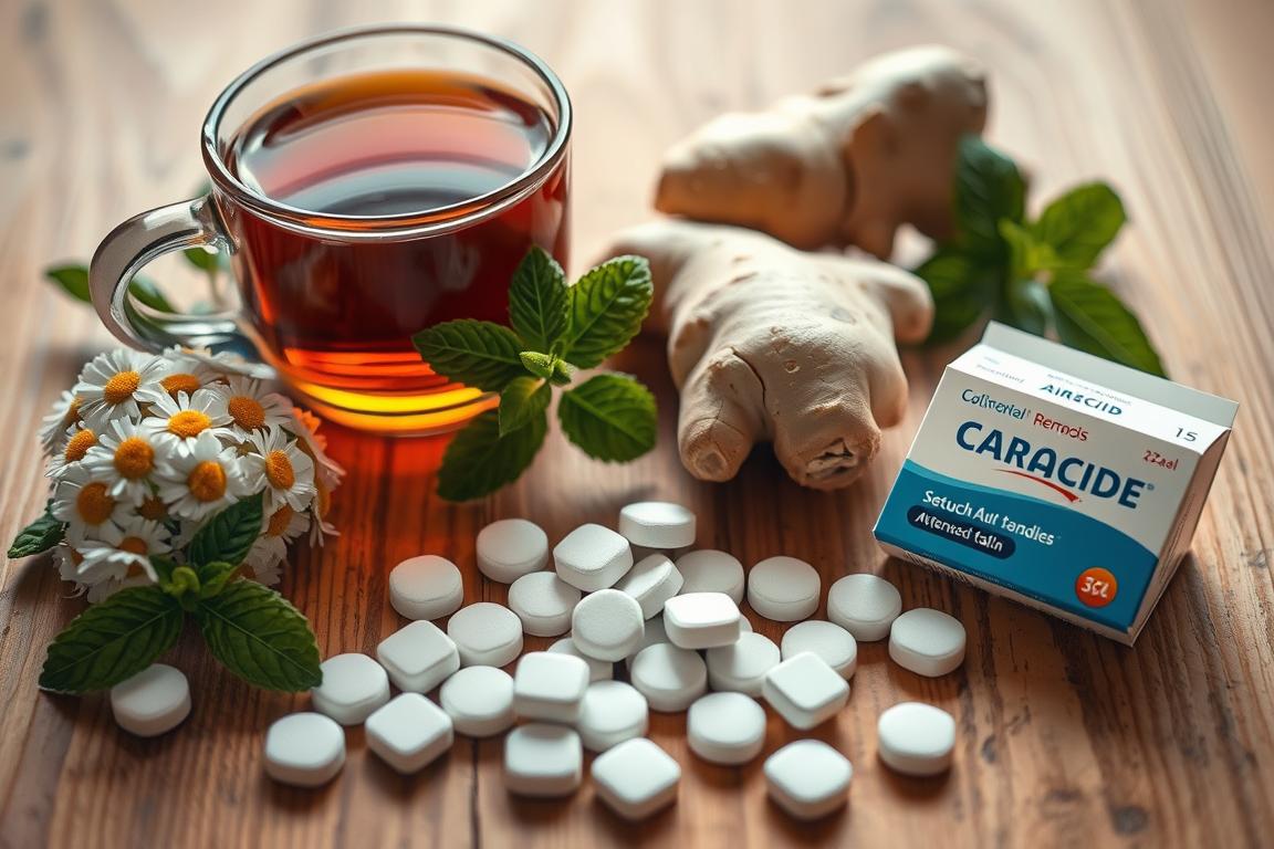 A close-up shot of various natural remedies against stomach pain, including chamomile tea, ginger, peppermint leaves, and antacid tablets, arranged on a wooden surface with a soft, warm lighting. The items are displayed in a clean, minimalist style, conveying a sense of simplicity and effectiveness. The overall mood is soothing and calming, suggesting these natural solutions can provide immediate relief for stomach discomfort.