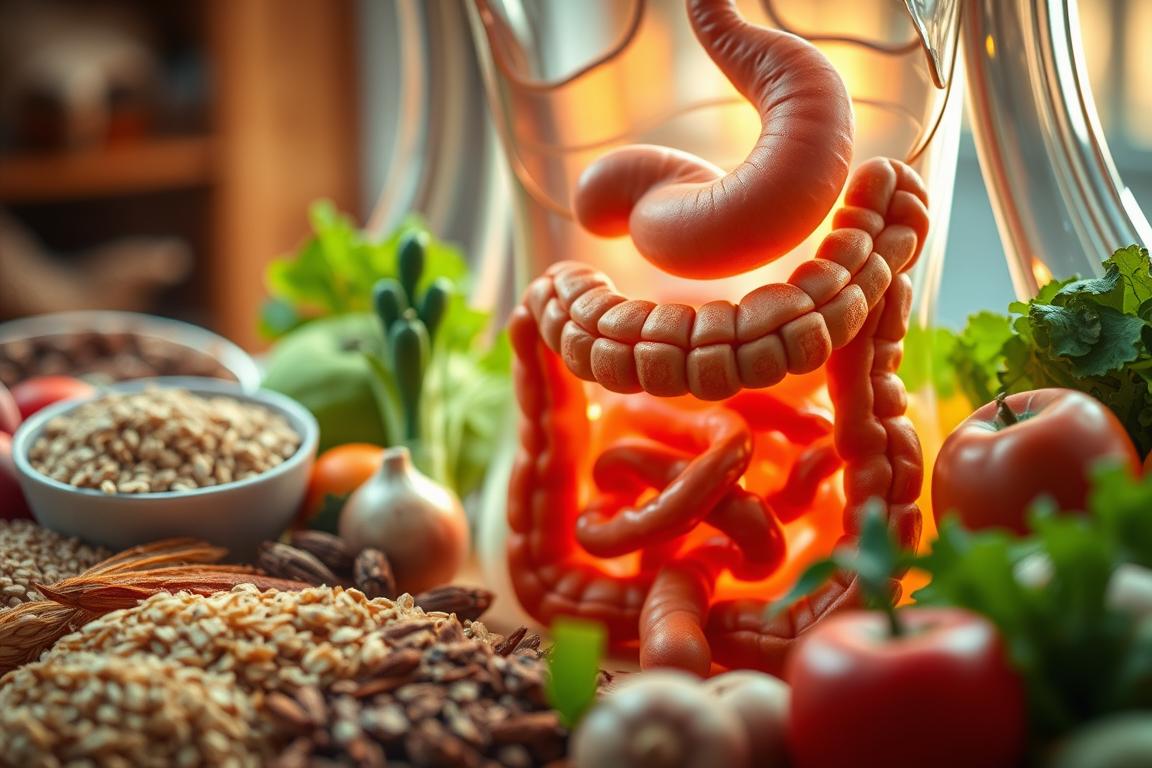 A close-up view of a healthy digestive system, showcasing the vital role of dietary fiber. In the foreground, a vibrant array of whole grains, vegetables, and fruits, symbolizing the sources of essential fiber. In the middle ground, a detailed cross-section of the intestines, revealing the intricate network of villi and the smooth passage of digested matter. In the background, a softly-lit, serene atmosphere, conveying the sense of balance and well-being associated with a fiber-rich diet. The image is captured with a sharp focus, using warm lighting and a shallow depth of field to emphasize the organic textures and natural colors, creating a visually compelling and informative illustration.
