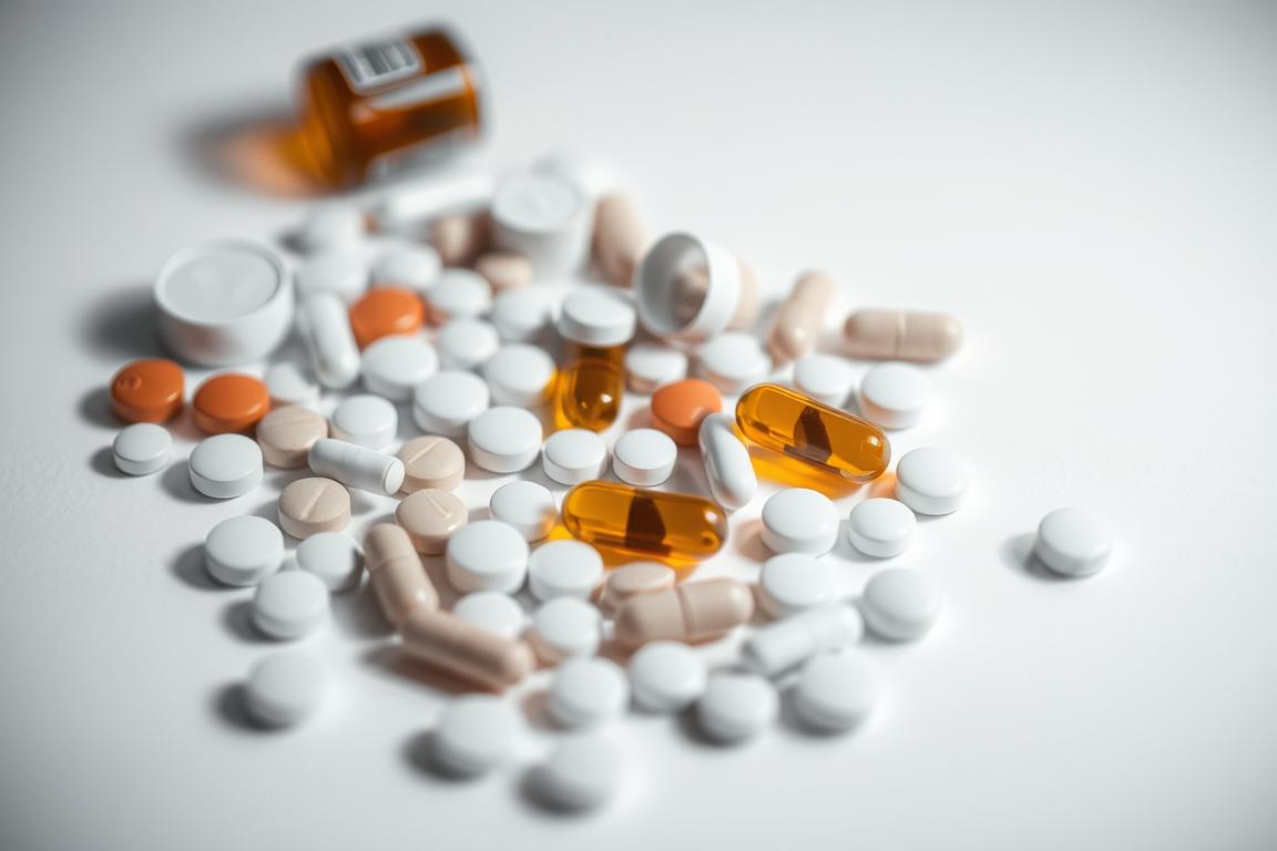 A close-up view of an assortment of various prescription medications, including pills, capsules, and tablets, against a plain white background. The medications should appear slightly out of focus, suggesting their potentially problematic nature. Subtle shadows and soft lighting create a sense of depth and three-dimensionality. The overall tone is subdued and contemplative, reflecting the serious subject matter. The image should convey a sense of concern and caution regarding the potential risks associated with certain medications.