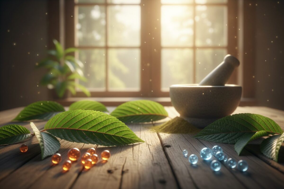 A close-up view of kratom leaves, showcasing their rich green hues and detailed vein patterns, arranged elegantly on a wooden table. In the foreground, include clusters of kratom alkaloids represented as small, glowing orbs with a soft luminescence, highlighting their active properties. The middle ground features a mortar and pestle, suggesting traditional herbal preparation, with scattered powdered kratom beside it. In the background, soft natural light filters through a nearby window, casting gentle shadows and creating a calm, organic atmosphere. The overall mood is one of tranquility and focus, inviting the viewer to explore the therapeutic nuances of kratom. Use a shallow depth of field to emphasize the details of the leaves and alkaloids, creating a harmonious composition that reflects the essence of this natural supplement. A close-up view of kratom leaves, showcasing their rich green hues and detailed vein patterns, arranged elegantly on a wooden table. In the foreground, include clusters of kratom alkaloids represented as small, glowing orbs with a soft luminescence, highlighting their active properties. The middle ground features a mortar and pestle, suggesting traditional herbal preparation, with scattered powdered kratom beside it. In the background, soft natural light filters through a nearby window, casting gentle shadows and creating a calm, organic atmosphere. The overall mood is one of tranquility and focus, inviting the viewer to explore the therapeutic nuances of kratom. Use a shallow depth of field to emphasize the details of the leaves and alkaloids, creating a harmonious composition that reflects the essence of this natural supplement.