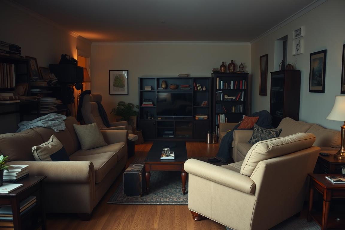A cluttered living room with furniture blocking the main walkway. In the foreground, a large sofa and armchair are positioned haphazardly, obstructing the path. Nearby, a coffee table and end tables crowd the space, leaving little room to move freely. The middle ground features a bulky entertainment unit and bookshelf, further constricting the flow of traffic. Dim, warm lighting casts shadows, creating a sense of claustrophobia. The background is blurred, hinting at additional furnishings that contribute to the cramped, disorganized atmosphere. An example of poor furniture placement that impedes natural movement through the room.