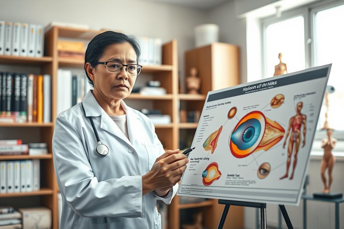 A concerned medical professional, wearing a white lab coat, examines a detailed anatomical chart of the human eye in a well-lit clinic. In the foreground, the physician, a middle-aged Asian woman with glasses, holds a medical instrument while looking intently at the chart, which highlights various eye conditions related to light therapy. The middle ground features shelves filled with medical textbooks and anatomical models, creating an environment of expertise and care. In the background, soft, natural light filters through a window, illuminating the scene and adding an atmosphere of hope and caution. The image conveys a serious yet supportive mood, emphasizing the importance of understanding eye diseases in relation to health risks. A concerned medical professional, wearing a white lab coat, examines a detailed anatomical chart of the human eye in a well-lit clinic. In the foreground, the physician, a middle-aged Asian woman with glasses, holds a medical instrument while looking intently at the chart, which highlights various eye conditions related to light therapy. The middle ground features shelves filled with medical textbooks and anatomical models, creating an environment of expertise and care. In the background, soft, natural light filters through a window, illuminating the scene and adding an atmosphere of hope and caution. The image conveys a serious yet supportive mood, emphasizing the importance of understanding eye diseases in relation to health risks.