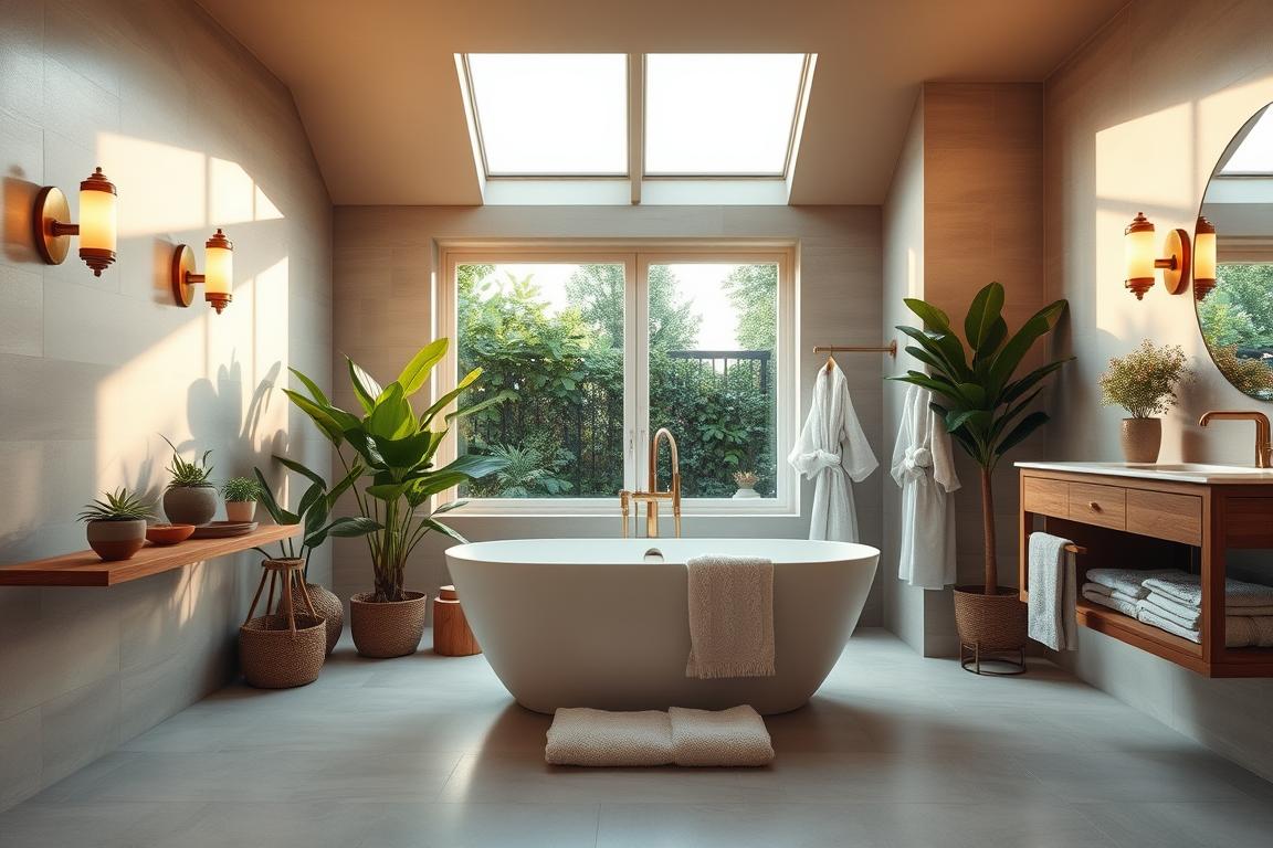 A cozy and inviting bathroom oasis, bathed in warm, natural lighting. A freestanding bathtub takes center stage, surrounded by lush potted plants and plush towels. Sleek, minimalist tiles in a soothing palette line the walls, complemented by a wooden vanity and brass fixtures. A large window offers a serene garden view, creating a tranquil and rejuvenating atmosphere. Soft, diffused illumination from sconces and a skylight enhances the overall sense of wellness and relaxation. Plush bathrobes hang neatly, inviting one to indulge in a pampering spa-like experience. A cozy and inviting bathroom oasis, bathed in warm, natural lighting. A freestanding bathtub takes center stage, surrounded by lush potted plants and plush towels. Sleek, minimalist tiles in a soothing palette line the walls, complemented by a wooden vanity and brass fixtures. A large window offers a serene garden view, creating a tranquil and rejuvenating atmosphere. Soft, diffused illumination from sconces and a skylight enhances the overall sense of wellness and relaxation. Plush bathrobes hang neatly, inviting one to indulge in a pampering spa-like experience.