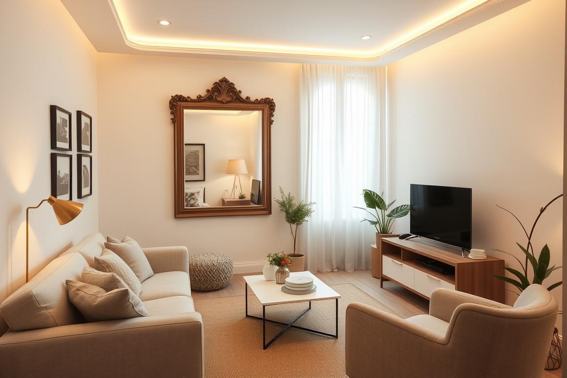 A cozy and well-designed small living room, featuring strategically placed mirrors to create an illusion of greater space. The room is bathed in warm, soft lighting, with a mix of natural and artificial sources. Subtle furniture pieces, such as a sleek sofa, a minimalist coffee table, and a compact TV stand, are arranged to maximize the available floor area. Decorative accents, like wall art and potted plants, add visual interest without overcrowding the space. The room's neutral color palette, with touches of earthy tones, creates a calming and harmonious atmosphere. A large, ornate mirror on the main wall reflects the room, amplifying the sense of depth and spaciousness. The overall impression is one of a cozy, well-organized, and visually expansive small living space.