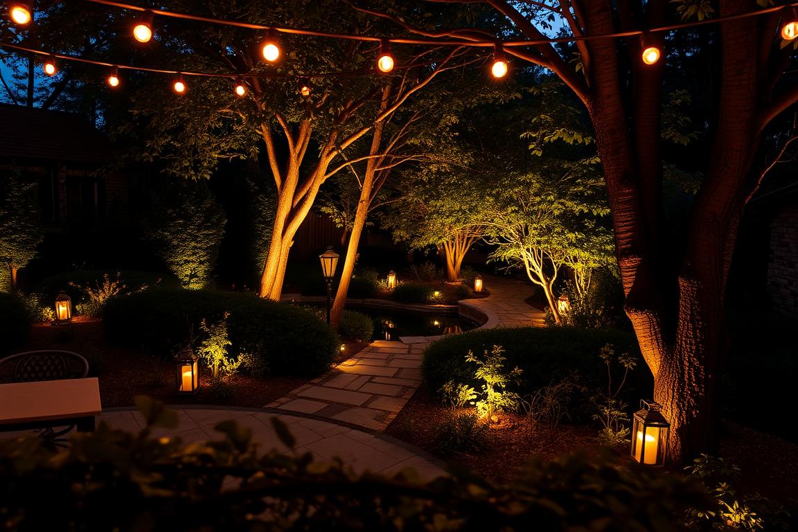 A cozy garden oasis illuminated by a soft, warm glow. In the foreground, a string of cafe lights casts a gentle radiance over the patio, creating an inviting atmosphere. The middle ground showcases well-placed lanterns and path lighting, guiding the eye towards a serene pond or water feature. In the background, uplighting highlights the textured bark of trees and the delicate foliage, casting shadows that dance across the scene. The overall mood is one of tranquility and relaxation, perfect for an evening spent enjoying the outdoors. A high-quality wide-angle lens captures the depth and grandeur of this enchanting Gartenbeleuchtung.