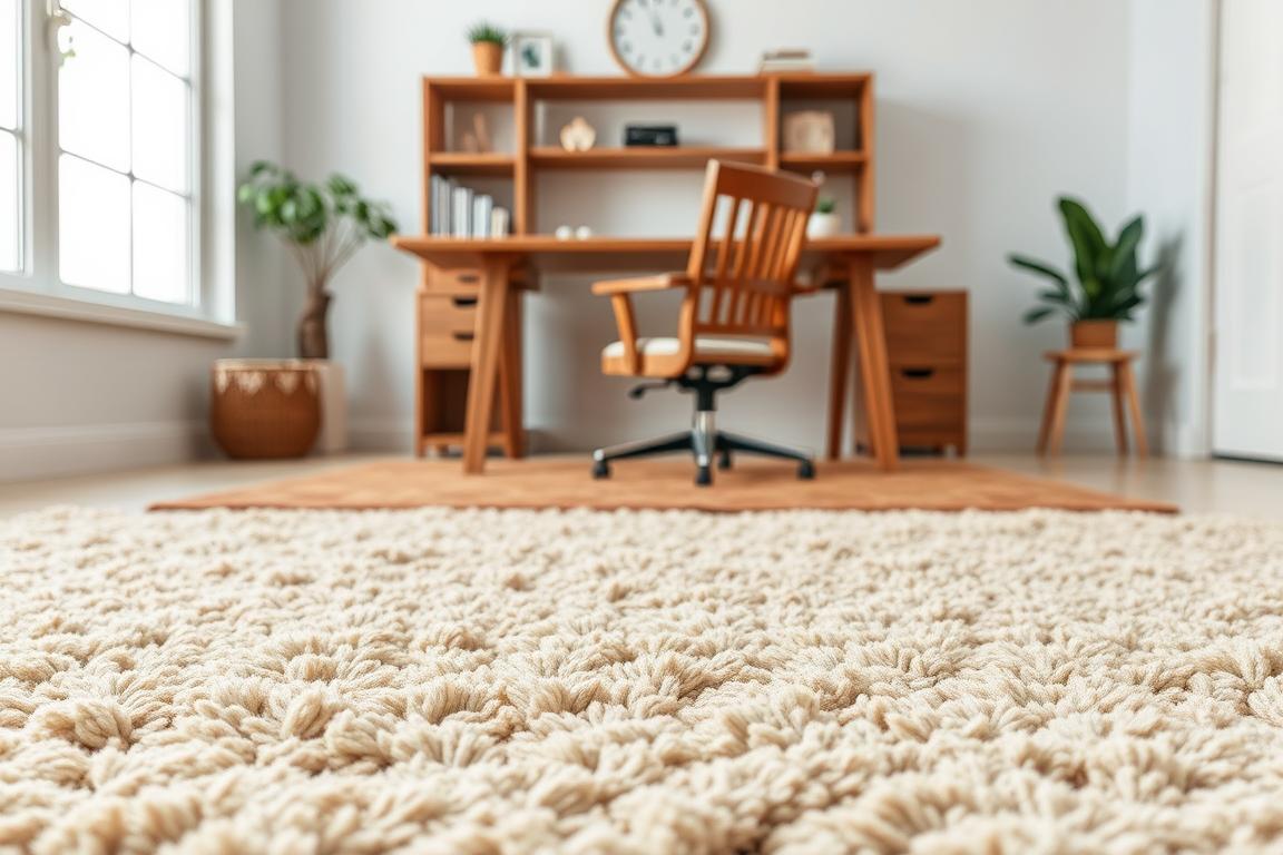A cozy home office with a warm, inviting atmosphere. In the foreground, a plush, textured area rug in a neutral, earthy tone grounds the space, its soft fibers creating a tactile and visually appealing foundation. Midground, a sturdy, well-crafted wooden desk and chair arrangement, complemented by minimalist decor, suggests a productive and focused work environment. The background features clean, white walls, allowing the rug and furniture to take center stage, and soft, diffused lighting from a large window casts a gentle glow across the scene, creating a sense of balance and tranquility.