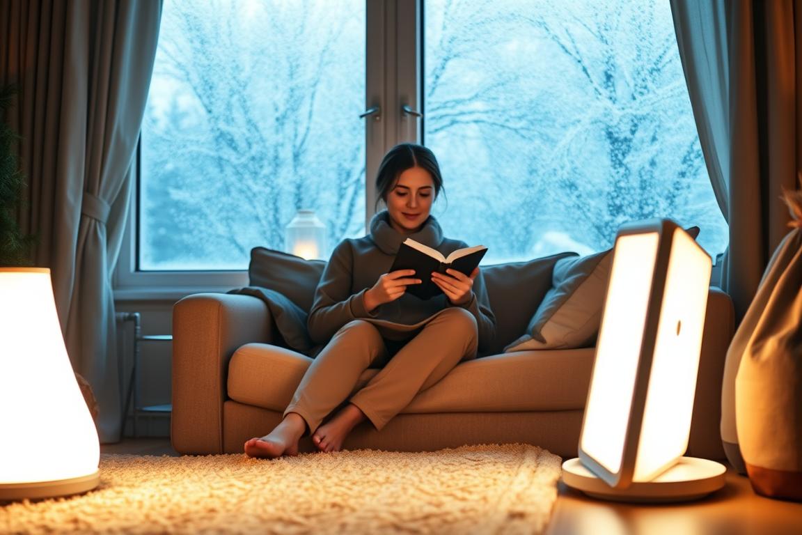 A cozy indoor setting featuring a person sitting comfortably in a warm, softly lit room during winter. The foreground includes a bright light therapy lamp casting a gentle glow that symbolizes hope and rejuvenation. In the middle ground, a person dressed in modest casual clothing is relaxed, engaged in a restorative activity such as reading a book or sipping tea, with a serene expression reflecting tranquility. The background reveals frosty windows with light snowfall, conveying the cold winter atmosphere outside. The overall lighting should be warm and inviting, with a focus on soft shadows to create a peaceful mood. The image should evoke a sense of calm and relief, highlighting the positive effects of light therapy on winter depression and sleep regulation. A cozy indoor setting featuring a person sitting comfortably in a warm, softly lit room during winter. The foreground includes a bright light therapy lamp casting a gentle glow that symbolizes hope and rejuvenation. In the middle ground, a person dressed in modest casual clothing is relaxed, engaged in a restorative activity such as reading a book or sipping tea, with a serene expression reflecting tranquility. The background reveals frosty windows with light snowfall, conveying the cold winter atmosphere outside. The overall lighting should be warm and inviting, with a focus on soft shadows to create a peaceful mood. The image should evoke a sense of calm and relief, highlighting the positive effects of light therapy on winter depression and sleep regulation.