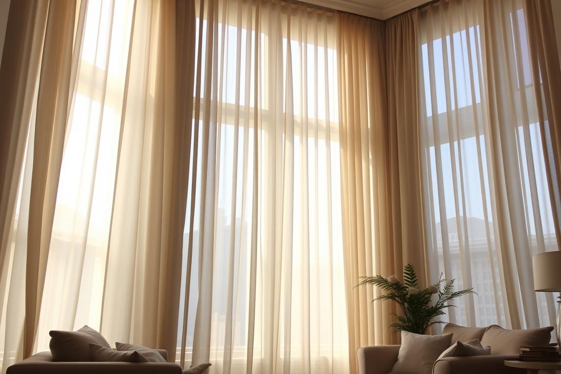 A cozy, intimate living room with soft, lightweight curtain fabrics cascading from tall windows, casting a warm, diffused glow throughout the space. The curtains are sheer and delicate, allowing natural light to filter in, creating a sense of airy openness. The fabric has a subtle texture, possibly linen or voile, adding depth and visual interest. The color palette is muted and calming, with soft shades of beige, cream, or pale gray complementing the room's decor. The curtains are hung slightly above the window frames, drawing the eye upward and creating an illusion of increased ceiling height. An overall atmosphere of relaxation and comfort pervades the scene.