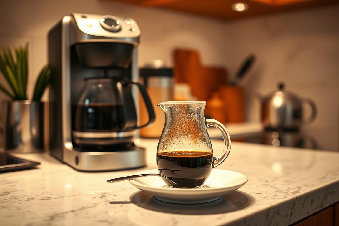 A cozy kitchen counter with a modern coffee maker, a glass carafe filled with freshly brewed coffee, and a spoon resting on a saucer. Soft, warm lighting casts a gentle glow, creating an inviting atmosphere. The scene is captured from a slightly elevated angle, showcasing the elegant lines of the coffee equipment and the rich, dark color of the beverage. The background is blurred, allowing the coffee preparation process to be the focal point, guiding the viewer's attention to the step-by-step instructions for the perfect cup of coffee. A cozy kitchen counter with a modern coffee maker, a glass carafe filled with freshly brewed coffee, and a spoon resting on a saucer. Soft, warm lighting casts a gentle glow, creating an inviting atmosphere. The scene is captured from a slightly elevated angle, showcasing the elegant lines of the coffee equipment and the rich, dark color of the beverage. The background is blurred, allowing the coffee preparation process to be the focal point, guiding the viewer's attention to the step-by-step instructions for the perfect cup of coffee.