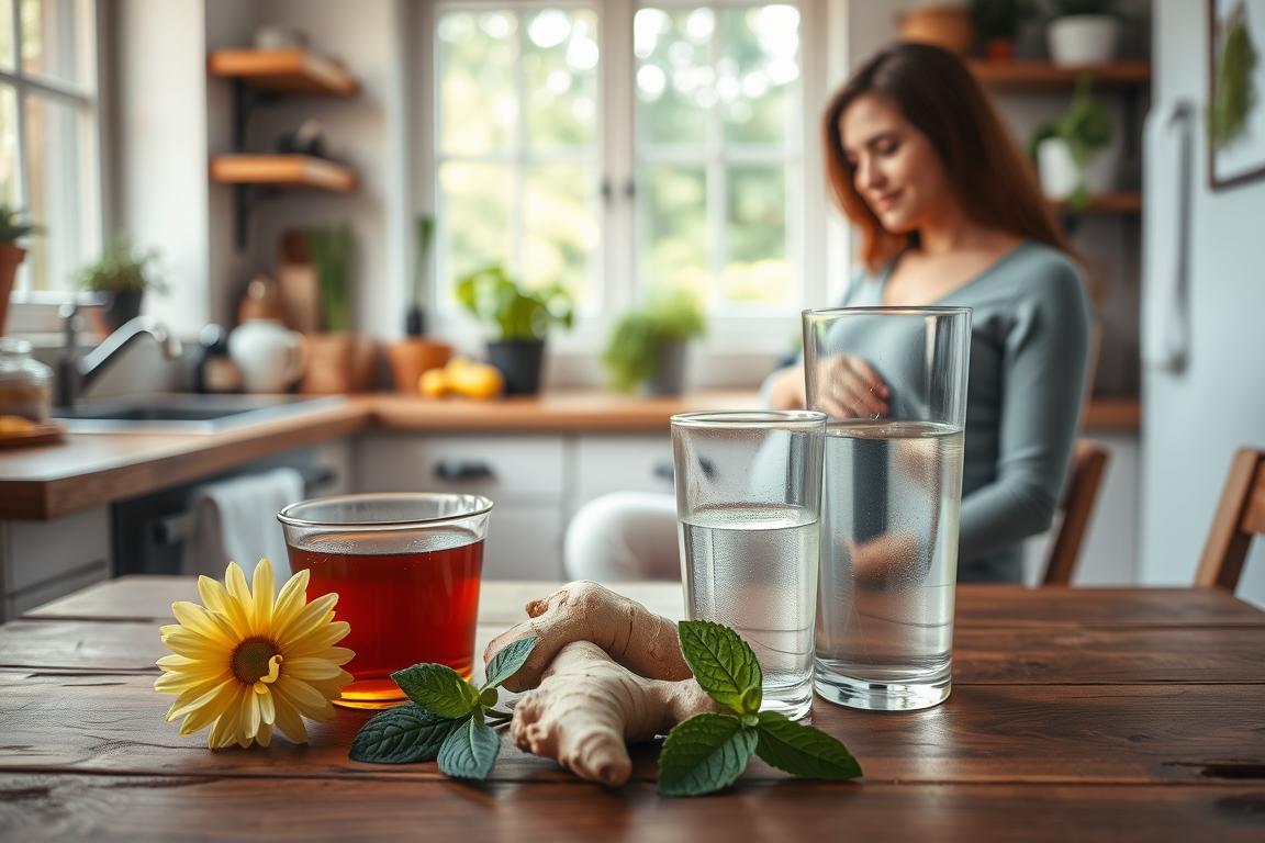 A cozy kitchen scene with natural lighting and a warm, inviting atmosphere. In the foreground, an array of common household remedies against stomach discomfort are displayed on a wooden table - chamomile tea, ginger root, peppermint leaves, and a glass of water. In the middle ground, a pregnant woman sits comfortably, contemplating her options. The background features simple kitchen decor, such as rustic shelves, potted herbs, and a window overlooking a garden. The image conveys a sense of reassurance and practicality, reflecting the step-by-step guidance for relieving stomach pains during pregnancy. A cozy kitchen scene with natural lighting and a warm, inviting atmosphere. In the foreground, an array of common household remedies against stomach discomfort are displayed on a wooden table - chamomile tea, ginger root, peppermint leaves, and a glass of water. In the middle ground, a pregnant woman sits comfortably, contemplating her options. The background features simple kitchen decor, such as rustic shelves, potted herbs, and a window overlooking a garden. The image conveys a sense of reassurance and practicality, reflecting the step-by-step guidance for relieving stomach pains during pregnancy.