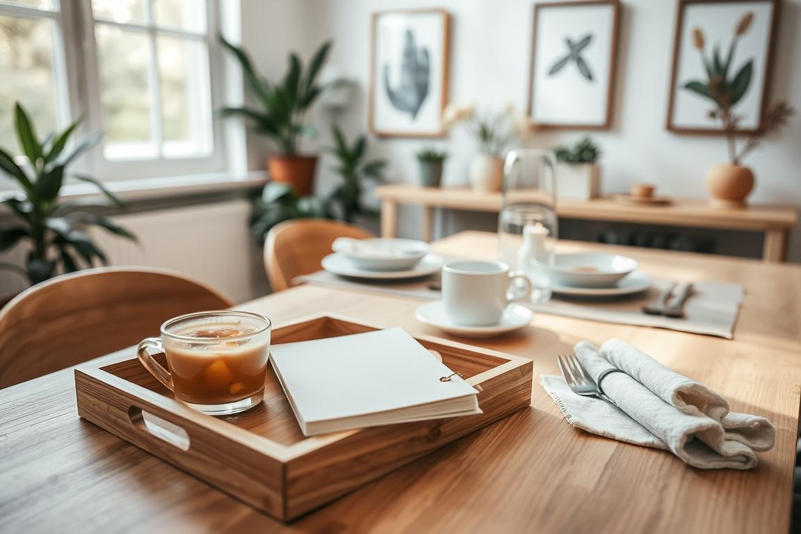 A cozy kitchen table set with a wellness-inspired breakfast spread. In the foreground, a wooden tray holds a hot beverage, fresh fruit, and a journal with a wellness tag. The middle ground features a simple yet elegant table setting, with linen napkins and clean white dishware. Soft natural light filters in through a nearby window, creating a warm and soothing ambiance. The background showcases minimalist decor, with potted plants and a few framed wellness-themed artwork pieces on the walls. The overall composition exudes a sense of tranquility and personal rejuvenation, perfectly capturing the essence of a wellness-focused day at home. A cozy kitchen table set with a wellness-inspired breakfast spread. In the foreground, a wooden tray holds a hot beverage, fresh fruit, and a journal with a wellness tag. The middle ground features a simple yet elegant table setting, with linen napkins and clean white dishware. Soft natural light filters in through a nearby window, creating a warm and soothing ambiance. The background showcases minimalist decor, with potted plants and a few framed wellness-themed artwork pieces on the walls. The overall composition exudes a sense of tranquility and personal rejuvenation, perfectly capturing the essence of a wellness-focused day at home.
