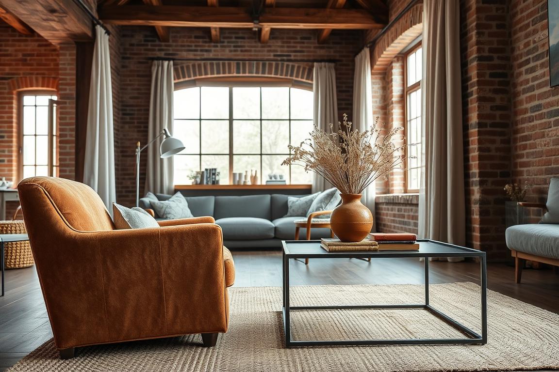 A cozy living room interior with a mix of natural materials and soft textiles. In the foreground, a plush velvet armchair sits atop a woven jute rug, its warm earth tones complementing the aged oak side table nearby. In the middle ground, a metal framed coffee table supports a stack of leather-bound books and a terracotta vase filled with dried flowers. The background showcases a large window, allowing natural light to filter in and highlight the interplay of textures - the linen curtains, the exposed brick wall, and the wooden beams of the ceiling. An atmosphere of warmth, comfort, and refined rustic elegance pervades the scene.