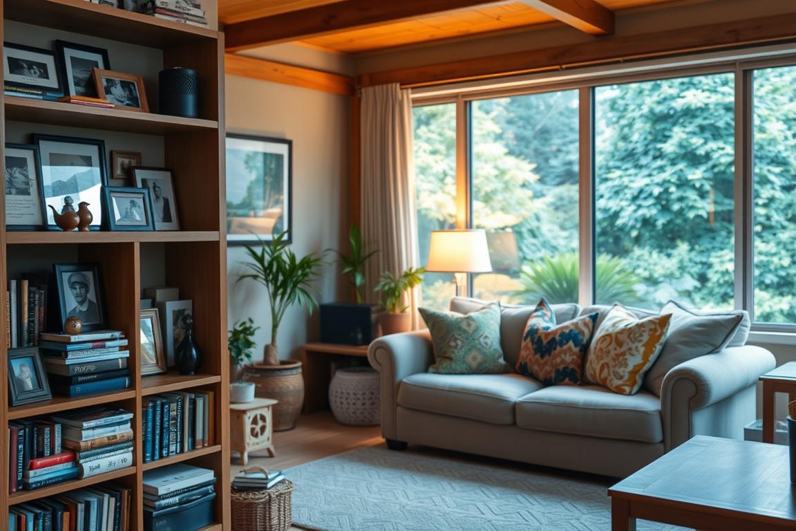 A cozy living room with a mix of personal elements and decor. In the foreground, a wooden bookshelf displays an assortment of books, framed photographs, and small trinkets collected from travels. The middle ground showcases a plush, neutral-toned sofa accented with vibrant throw pillows. Warm, diffused lighting from a floor lamp casts a welcoming glow. The background features a large window, allowing natural light to flood the space and providing a glimpse of a lush, verdant outdoor scene. The overall atmosphere is one of comfort, individuality, and a harmonious blend of the homeowner's unique style and interests.