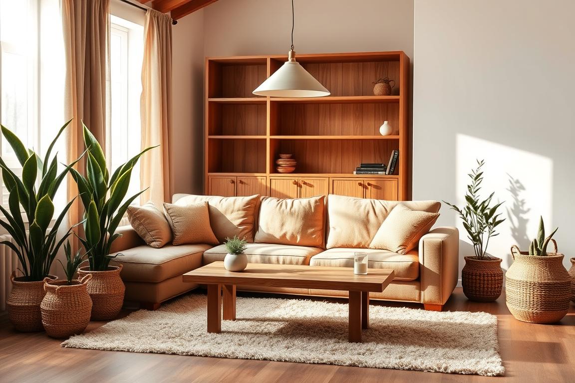 A cozy living room with natural materials and warm lighting. A large, inviting sofa in earthy tones sits atop a plush area rug, complemented by a minimalist wooden coffee table. Tall houseplants in woven baskets add a touch of greenery, while a wooden bookshelf with natural textures lines the wall. Soft, diffused light from a hanging pendant lamp creates a serene, relaxing atmosphere. Neutral-colored curtains frame the windows, allowing natural light to filter in. The overall design prioritizes organic, sustainable materials to enhance the proportions and create a harmonious, grounding ambiance.