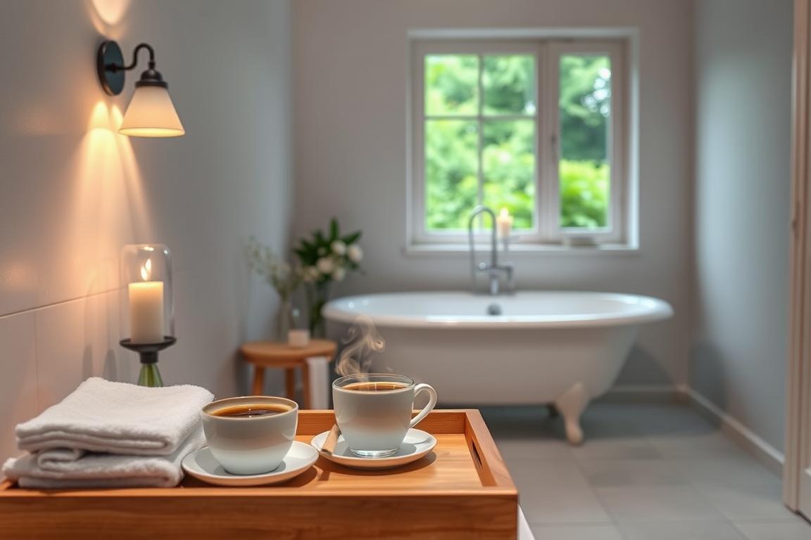 A cozy, minimalist bathroom interior with a small, tranquil scene depicting a moment of "Mini Wellness Auszeit Alltag". In the foreground, a wooden bath tray holds a steaming cup of tea, a scented candle, and a stack of neatly folded towels. Soft, indirect lighting from a wall sconce casts a warm glow, creating a sense of serenity. In the middle ground, a deep, clawfoot bathtub sits against a simple, white-tiled wall, its surface reflecting the flickering flame of the candle. In the background, a large window overlooks a lush, green garden, blurring the boundary between indoors and out and evoking a peaceful, spa-like atmosphere.