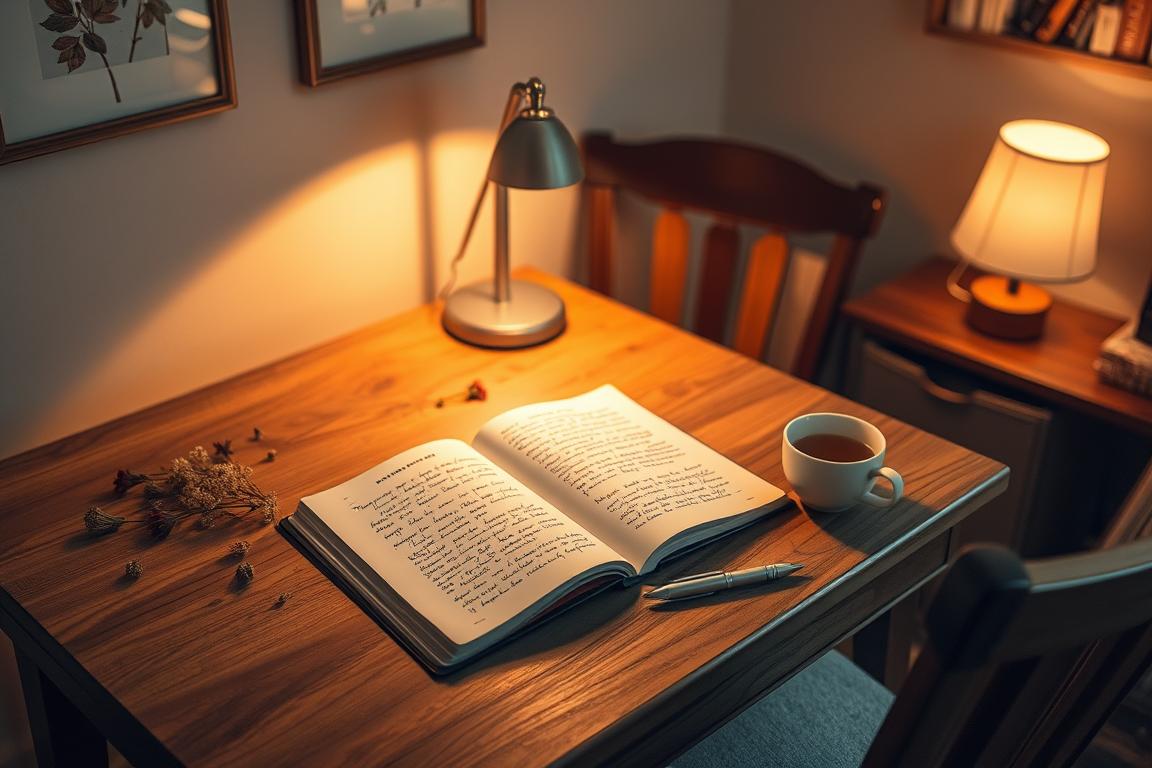A cozy, serene study with a wooden desk and chair. On the desk, an open journal with neatly written entries, surrounded by scattered dried flowers, a silver pen, and a cup of tea. Soft, warm lighting from a nearby table lamp casts a gentle glow, creating a tranquil, reflective atmosphere. The walls are adorned with nature-inspired artwork, conveying a sense of mindfulness and gratitude. The space exudes a calming, introspective ambiance, inviting the viewer to pause and reflect on the positive moments in their life. A cozy, serene study with a wooden desk and chair. On the desk, an open journal with neatly written entries, surrounded by scattered dried flowers, a silver pen, and a cup of tea. Soft, warm lighting from a nearby table lamp casts a gentle glow, creating a tranquil, reflective atmosphere. The walls are adorned with nature-inspired artwork, conveying a sense of mindfulness and gratitude. The space exudes a calming, introspective ambiance, inviting the viewer to pause and reflect on the positive moments in their life.