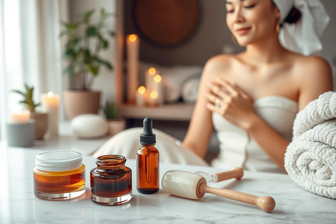 A cozy, tranquil spa-like setting with a minimalist design featuring soft, muted colors. In the foreground, an array of natural skincare products, including a jar of moisturizer, a facial oil, and a jade roller, artfully arranged on a marble or stone surface. The middle ground showcases a woman's hands gently applying the moisturizer to her glowing, healthy-looking skin. In the background, a soothing, dimly lit environment with candles, potted plants, and a plush, fluffy towel, creating a sense of relaxation and well-being. The overall atmosphere is one of serene, luxurious self-care, conveying the idea of a holistic, personalized wellness routine.