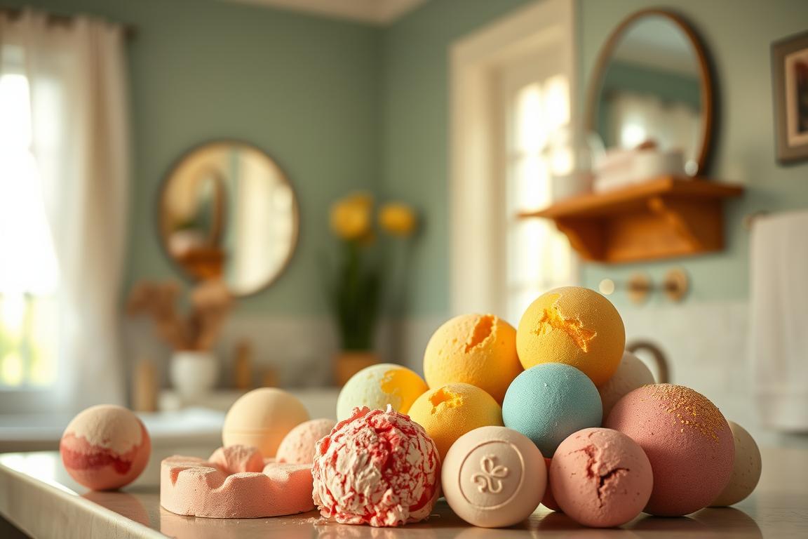 A cozy, well-lit bathroom interior with a counter or tabletop surface. In the foreground, an assortment of vibrant, handmade bath bombs in various shapes, sizes, and colors are displayed. The bath bombs are arranged in an appealing, artfully composed manner, showcasing their intricate details and textures. In the background, soft natural light filters through a window, creating a serene, relaxing atmosphere. The overall scene conveys a sense of homemade wellness, self-care, and a spa-like experience. The lighting is warm and inviting, enhancing the vibrant hues of the bath bombs. The camera angle is slightly elevated, allowing the viewer to appreciate the full composition.