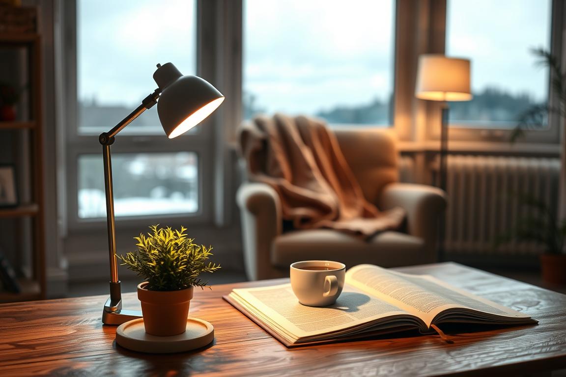 A cozy, well-lit room featuring a stylish daylight lamp positioned prominently on a wooden desk. The lamp emits a soft, warm light that softly illuminates the space, casting gentle shadows. In the foreground, a small potted plant adds a touch of greenery, while a steaming cup of tea sits beside an open notebook, suggesting a peaceful atmosphere for study or relaxation. The middle ground displays a comfortable armchair with a warm throw blanket draped over it. In the background, a large window reveals a muted, cloudy sky, contrasting with the warm glow of the lamp, creating a serene yet slightly melancholic mood. The image captures the essence of relying on artificial light in darker months, emphasizing the lamp as a source of comfort amid the winter gloom.