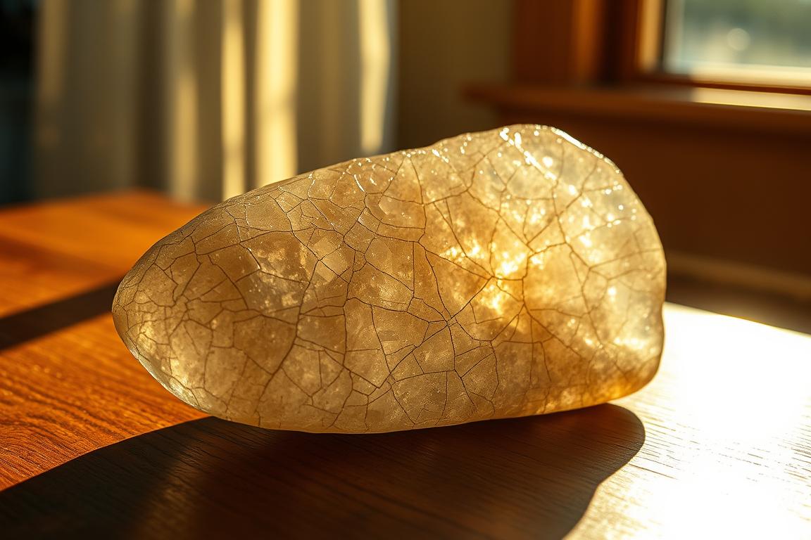 A cracked and discolored crystal heilstein sits atop a wooden table, bathed in warm, golden sunlight streaming through a nearby window. The once-vibrant stone now appears dull and weathered, its surface marred by intricate patterns of damage. Subtle shadows create depth, highlighting the textural imperfections. The arrangement conveys a sense of neglect and the detrimental effects of prolonged sun exposure. The overall scene evokes a somber, contemplative mood, underscoring the importance of proper care and protection for these delicate, spiritually-charged stones. A cracked and discolored crystal heilstein sits atop a wooden table, bathed in warm, golden sunlight streaming through a nearby window. The once-vibrant stone now appears dull and weathered, its surface marred by intricate patterns of damage. Subtle shadows create depth, highlighting the textural imperfections. The arrangement conveys a sense of neglect and the detrimental effects of prolonged sun exposure. The overall scene evokes a somber, contemplative mood, underscoring the importance of proper care and protection for these delicate, spiritually-charged stones.