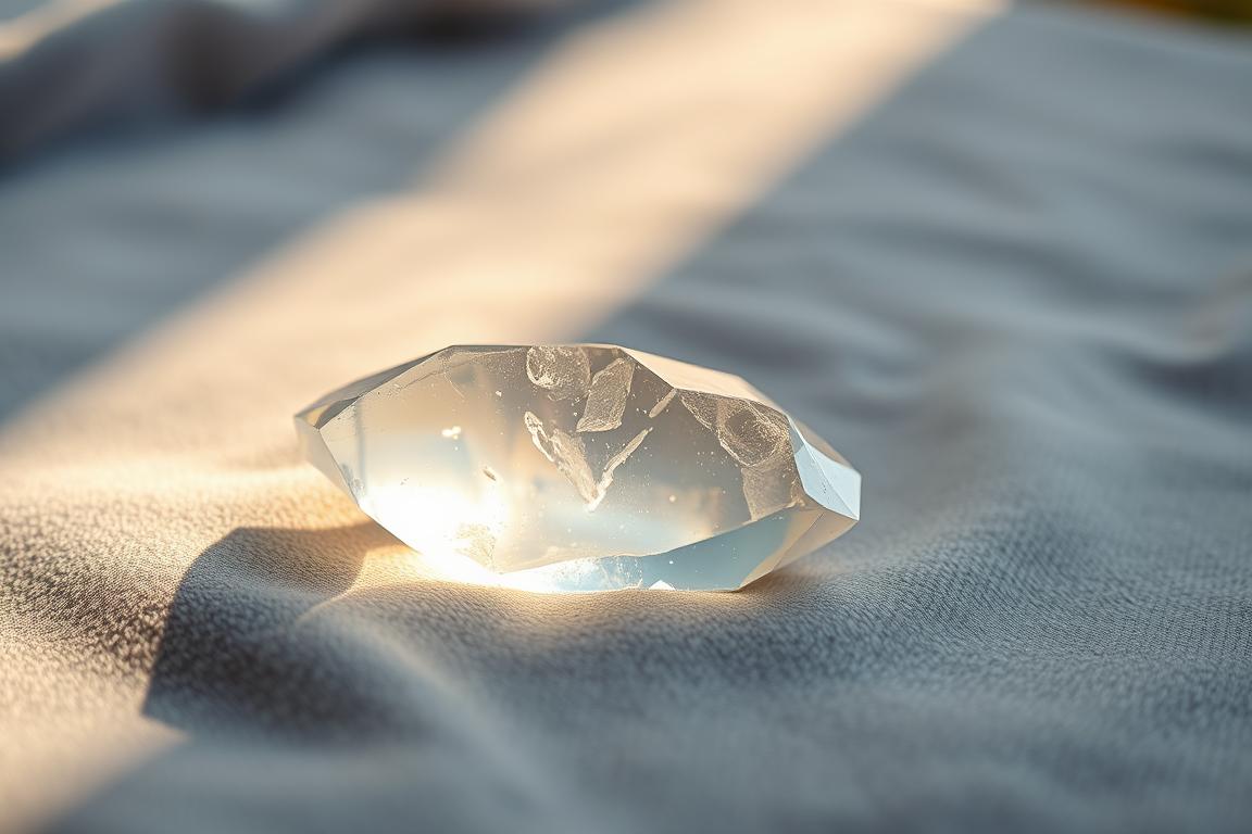 A crystal clear quartz Heilstein resting peacefully on a soft, gray velvet cloth. The stone is illuminated from above by a warm, natural light, casting gentle shadows that accentuate its smooth, translucent surface. The background is blurred, allowing the Heilstein to be the sole focus, conveying a sense of tranquility and mindfulness. The composition is balanced, with the Heilstein positioned slightly off-center, drawing the viewer's eye to its calming presence. This image evokes a moment of pause, inviting the viewer to take a breath and consider the restorative power of the Heilstein.