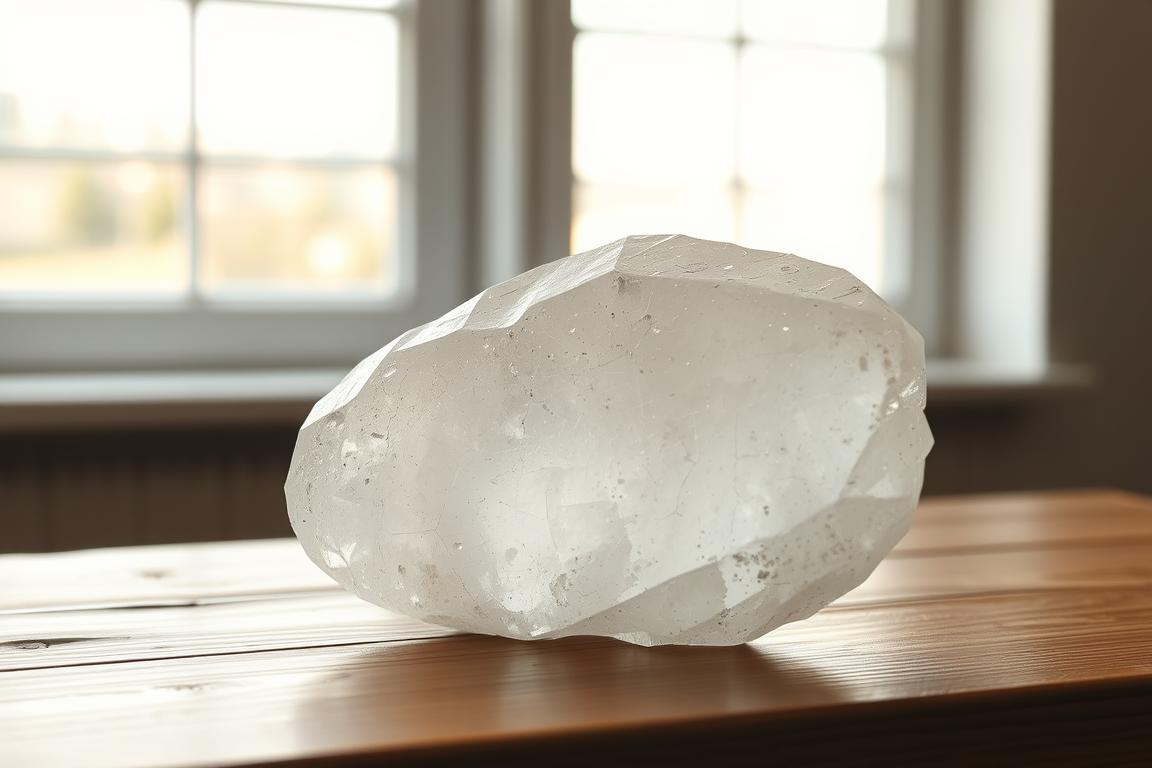 A crystal quartz "Heilstein" resting on a wooden table, its surface marred by visible cracks and imperfections. Diffuse, natural lighting from a large window casts a warm glow, highlighting the stone's flaws. The table is positioned against a plain, muted background, allowing the damaged crystal to be the sole focus. The scene conveys a sense of disappointment and the realization that the stone's metaphysical properties may not have materialized as expected. The image aims to illustrate common issues with "Heilstein" crystals and the need to carefully inspect them before use.