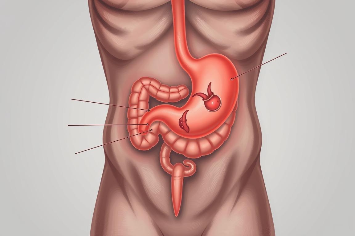 A detailed illustration of common symptoms of stomach pain, captured in a clinical yet approachable manner. Crisp, high-resolution digital painting showcasing the torso and abdomen, with emphasis on the stomach region. Subtle anatomical details and cross-sections reveal the internal mechanisms behind discomfort, nausea, and other gastric disturbances. Muted color palette with soft lighting accentuates the medical nature of the subject matter. Rendered from a slightly elevated perspective to provide an insightful, educational view of the physiological processes at work. Absence of distracting elements allows the viewer to focus on the key indicators of morning stomach pain.