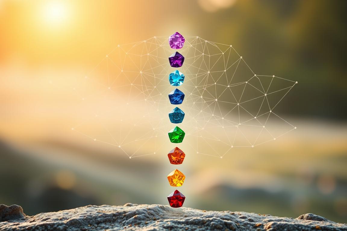 A detailed illustration of the Heilstein Chakren-System, depicting the seven major chakras along the spine, each represented by a specific gemstone. The foreground showcases the chakras in vibrant colors, with the stones positioned in their respective locations. The middle ground features a delicate, intricate web of energy lines connecting the chakras, creating a harmonious flow. The background is a serene, soft-focus landscape, evoking a sense of tranquility and balance. The lighting is warm and gentle, with a slight ethereal quality, highlighting the spiritual and healing aspects of the system. The perspective is slightly angled, providing a comprehensive and visually appealing view of the complete Heilstein Chakren-System. A detailed illustration of the Heilstein Chakren-System, depicting the seven major chakras along the spine, each represented by a specific gemstone. The foreground showcases the chakras in vibrant colors, with the stones positioned in their respective locations. The middle ground features a delicate, intricate web of energy lines connecting the chakras, creating a harmonious flow. The background is a serene, soft-focus landscape, evoking a sense of tranquility and balance. The lighting is warm and gentle, with a slight ethereal quality, highlighting the spiritual and healing aspects of the system. The perspective is slightly angled, providing a comprehensive and visually appealing view of the complete Heilstein Chakren-System.