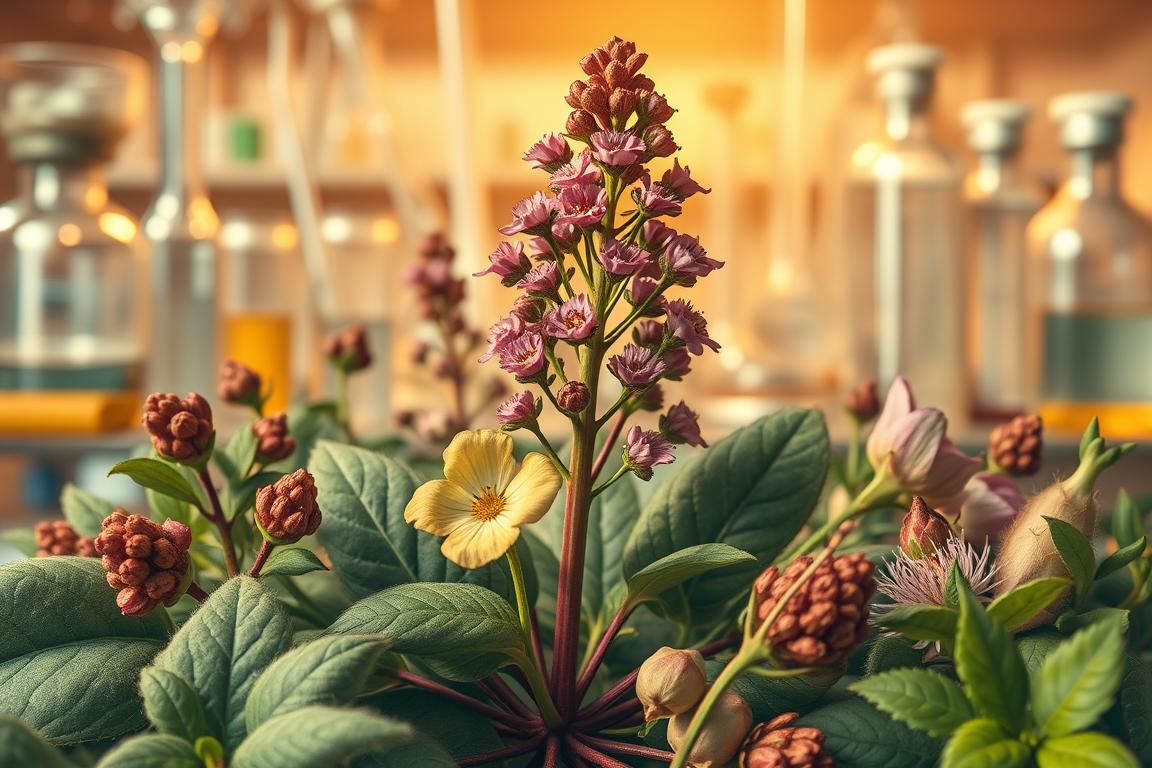 A detailed illustration of the potential side effects of herbal supplements. A central close-up view of various medicinal plants, including Rhodiola rosea, with their leaves, stems, and flowers rendered in a realistic botanical style. In the background, a blurred array of laboratory glassware, test tubes, and scientific instruments, hinting at the careful analysis and toxicological assessment of these natural products. Warm, earthy tones dominate the composition, with soft, directional lighting that casts subtle shadows, emphasizing the textural details of the plant materials. The overall mood is thoughtful and contemplative, inviting the viewer to consider the complexities and potential risks associated with the use of herbal remedies. A detailed illustration of the potential side effects of herbal supplements. A central close-up view of various medicinal plants, including Rhodiola rosea, with their leaves, stems, and flowers rendered in a realistic botanical style. In the background, a blurred array of laboratory glassware, test tubes, and scientific instruments, hinting at the careful analysis and toxicological assessment of these natural products. Warm, earthy tones dominate the composition, with soft, directional lighting that casts subtle shadows, emphasizing the textural details of the plant materials. The overall mood is thoughtful and contemplative, inviting the viewer to consider the complexities and potential risks associated with the use of herbal remedies.