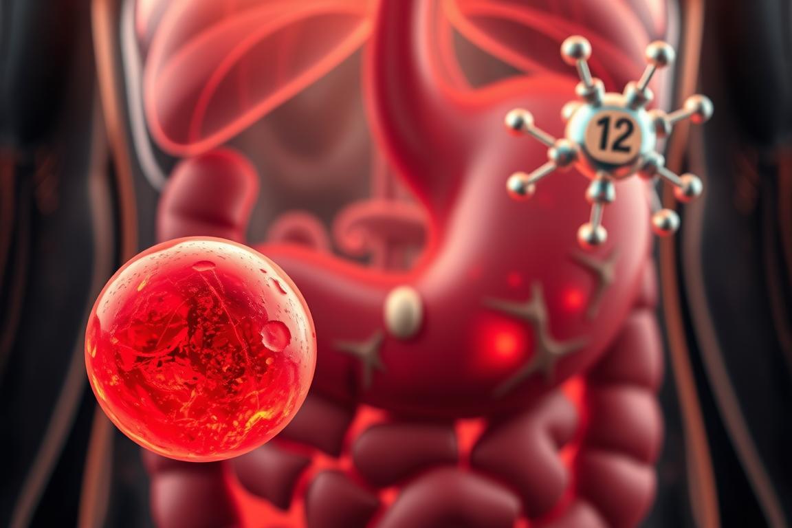 A detailed medical illustration of vitamin B12 deficiency, showcasing a cross-section of the human digestive system. The foreground features a vibrant, glowing red-blood cell, symbolizing the reduced oxygen-carrying capacity caused by low B12 levels. The middle ground depicts the stomach lining, with inflamed, damaged gastric mucosa. In the background, a molecular model of the vitamin B12 molecule hovers, partially obscured, alluding to the underlying biochemical imbalance. The lighting is soft and warm, creating a contemplative, educational atmosphere. The composition is balanced, drawing the viewer's eye to the key elements illustrating the importance of adequate vitamin B12 for digestive and overall health. A detailed medical illustration of vitamin B12 deficiency, showcasing a cross-section of the human digestive system. The foreground features a vibrant, glowing red-blood cell, symbolizing the reduced oxygen-carrying capacity caused by low B12 levels. The middle ground depicts the stomach lining, with inflamed, damaged gastric mucosa. In the background, a molecular model of the vitamin B12 molecule hovers, partially obscured, alluding to the underlying biochemical imbalance. The lighting is soft and warm, creating a contemplative, educational atmosphere. The composition is balanced, drawing the viewer's eye to the key elements illustrating the importance of adequate vitamin B12 for digestive and overall health.