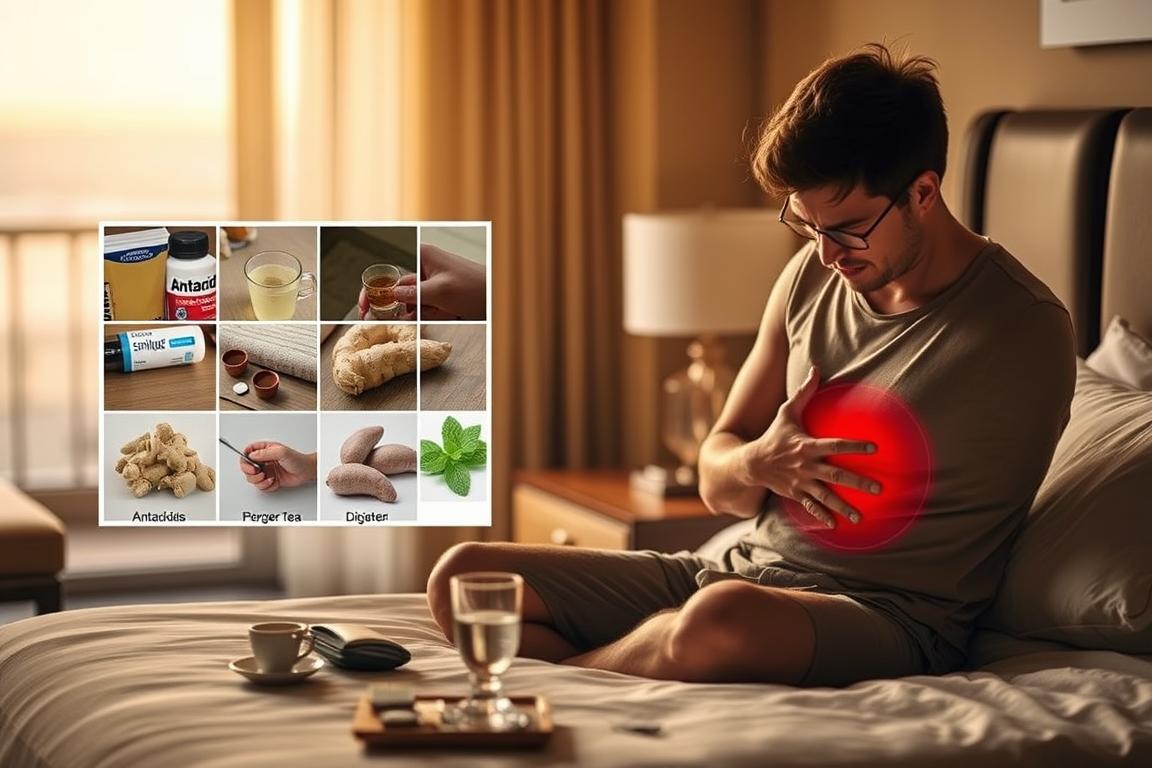 A detailed step-by-step guide to relieving stomach discomfort on a vacation. In the foreground, a person sitting on a hotel bed holding their stomach in pain, with a glass of water and some medication on a nightstand beside them. The middle ground shows a collage of common digestive remedies like antacids, ginger, and peppermint tea. In the background, out-of-focus vacation scenery like a beach or a hotel room window. Warm, muted lighting creates a soothing, relaxed atmosphere. The image conveys a sense of comfort and care for oneself while away from home.