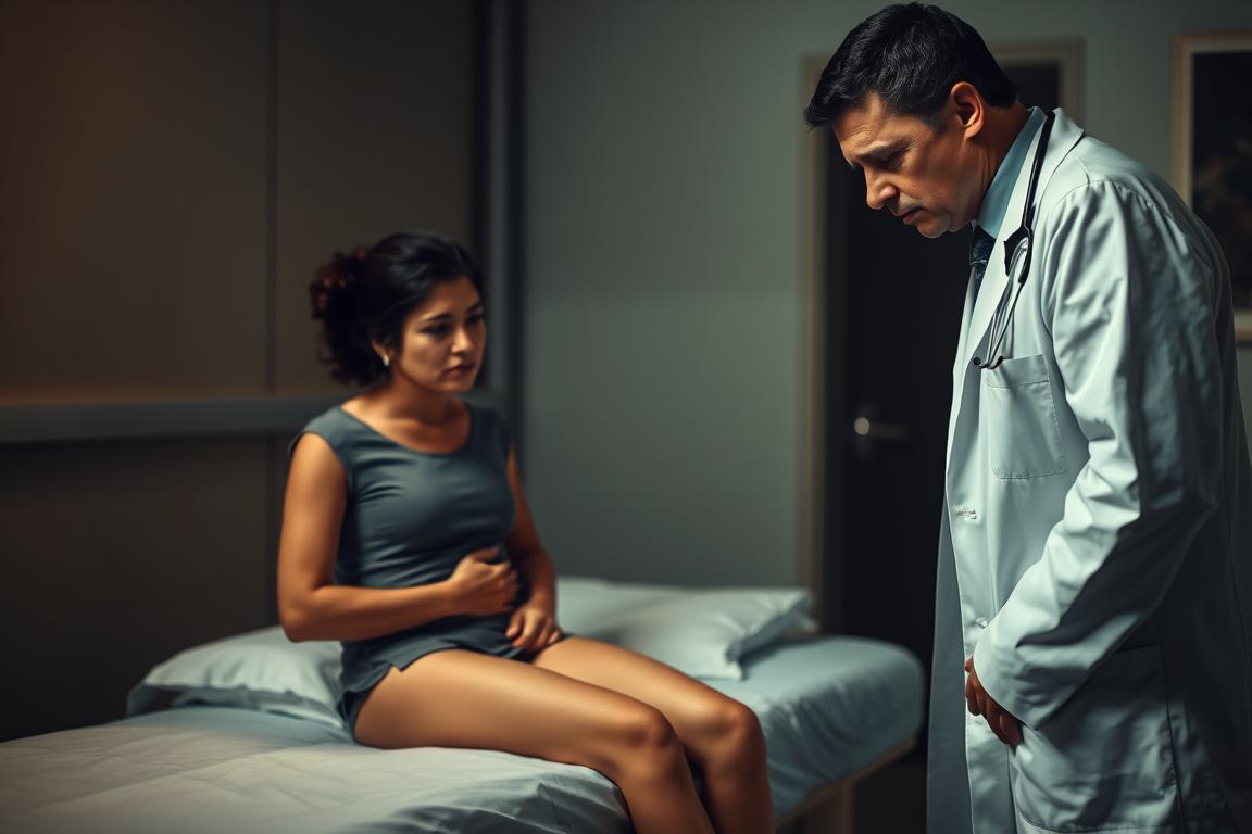 A dimly lit examination room, a patient sitting anxiously on the edge of a medical bed, their hand resting on their abdomen. The doctor, clad in a pristine white coat, leans in with a concerned expression, ready to diagnose the underlying cause of the patient's discomfort. Soft, warm lighting illuminates the scene, casting subtle shadows that add depth and a sense of medical professionalism. The background is blurred, keeping the focus on the interaction between the patient and the doctor, conveying the importance of seeking professional medical advice when experiencing persistent stomach issues. A dimly lit examination room, a patient sitting anxiously on the edge of a medical bed, their hand resting on their abdomen. The doctor, clad in a pristine white coat, leans in with a concerned expression, ready to diagnose the underlying cause of the patient's discomfort. Soft, warm lighting illuminates the scene, casting subtle shadows that add depth and a sense of medical professionalism. The background is blurred, keeping the focus on the interaction between the patient and the doctor, conveying the importance of seeking professional medical advice when experiencing persistent stomach issues.