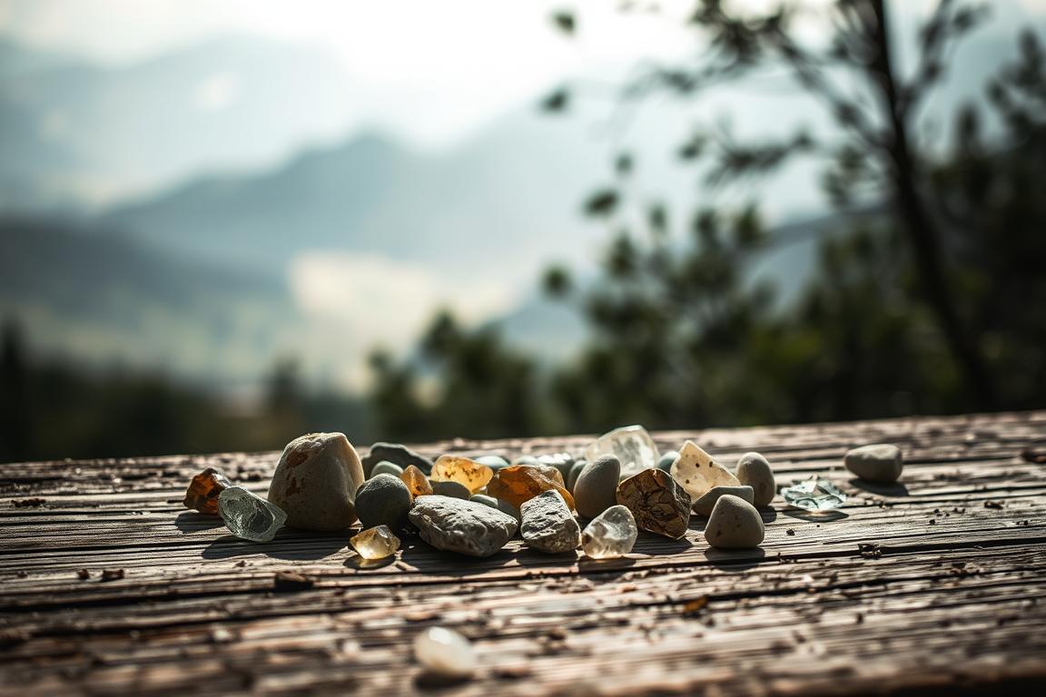 A dimly lit, natural setting showcasing the fragile nature of healing stones. In the foreground, a collection of various heilsteine (healing stones) arranged on a weathered, wooden surface. The stones appear delicate, their surfaces slightly weathered and cracked, hinting at their vulnerability to environmental influences. The middle ground features a softly blurred, atmospheric landscape, with gentle mist or fog obscuring the details. In the background, a hint of natural elements like trees or mountains, conveying a sense of the stones' connection to the natural world. Muted, earthy tones predominate, creating a contemplative, almost melancholic mood. Dramatic, low-angle lighting casts long shadows, accentuating the textural details of the stones and emphasizing their fragile, impermanent nature.