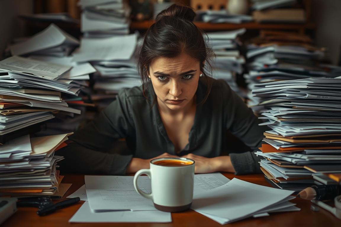 A disorganized desk, piles of unfinished work, a half-drank cup of coffee, and a weary expression on a person's face. This scene captures the warning signs of neglected self-care - the cluttered environment mirroring the internal state of exhaustion and overwhelm. Warm, muted lighting casts a somber mood, emphasizing the need for balance and restoration. The composition focuses on the central figure, surrounded by the symptoms of burnout, inviting the viewer to reflect on their own self-care habits and the importance of prioritizing personal well-being.