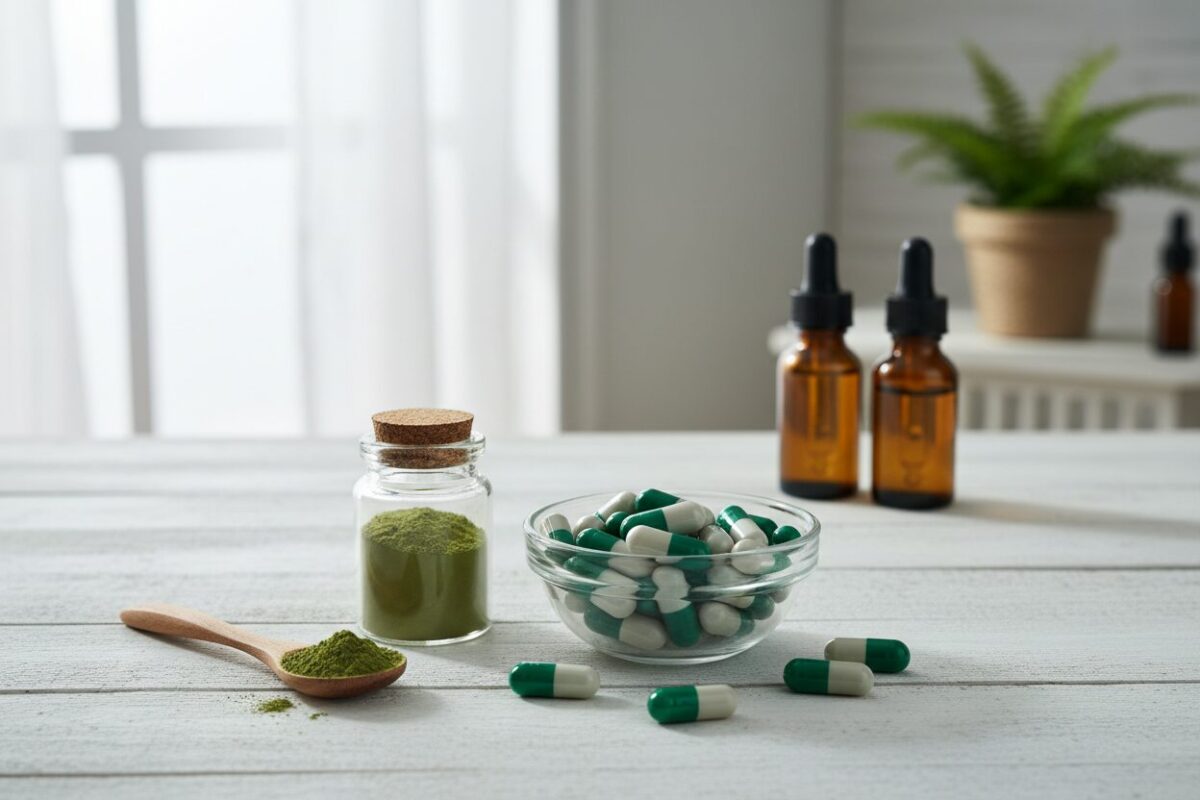 A high-quality assortment of Kratom powder and capsules displayed on a clean, modern white wooden surface, soft natural morning light, aesthetic wellness atmosphere, 4k resolution. A high-quality assortment of Kratom powder and capsules displayed on a clean, modern white wooden surface, soft natural morning light, aesthetic wellness atmosphere, 4k resolution.