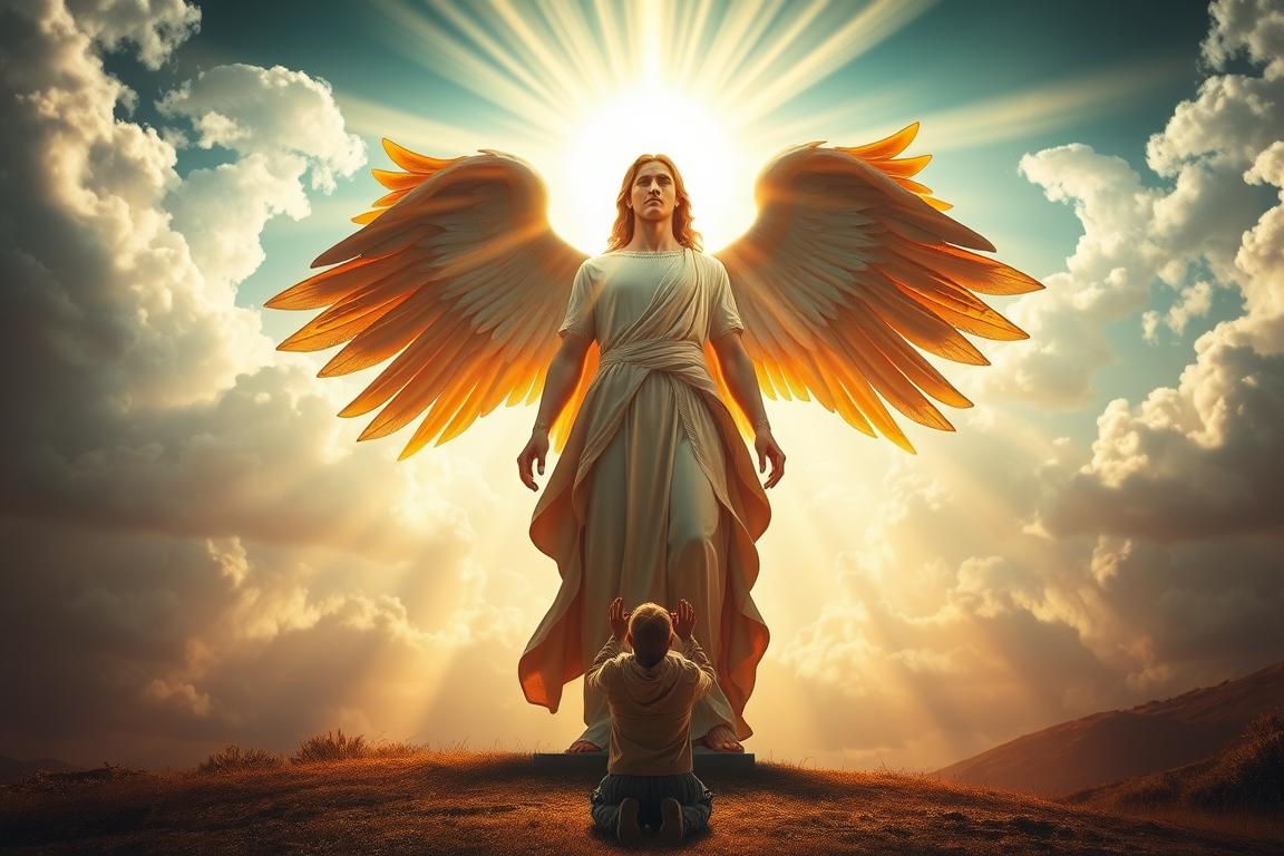 A majestic Archangel Michael, standing tall and radiant, his wings outstretched in a protective embrace. Beams of celestial light emanate from his form, illuminating the surrounding space with a warm, golden glow. His gaze is unwavering, exuding a sense of divine authority and benevolence. In the foreground, a kneeling figure reaches up in reverence, seeking guidance and intercession. The background is a serene, ethereal landscape, with swirling clouds and shimmering rays of light that create an atmosphere of sacred tranquility. Captured with a wide-angle lens, the scene conveys a sense of grandeur and spiritual connection, inviting the viewer to experience the profound presence of Archangel Michael. A majestic Archangel Michael, standing tall and radiant, his wings outstretched in a protective embrace. Beams of celestial light emanate from his form, illuminating the surrounding space with a warm, golden glow. His gaze is unwavering, exuding a sense of divine authority and benevolence. In the foreground, a kneeling figure reaches up in reverence, seeking guidance and intercession. The background is a serene, ethereal landscape, with swirling clouds and shimmering rays of light that create an atmosphere of sacred tranquility. Captured with a wide-angle lens, the scene conveys a sense of grandeur and spiritual connection, inviting the viewer to experience the profound presence of Archangel Michael.