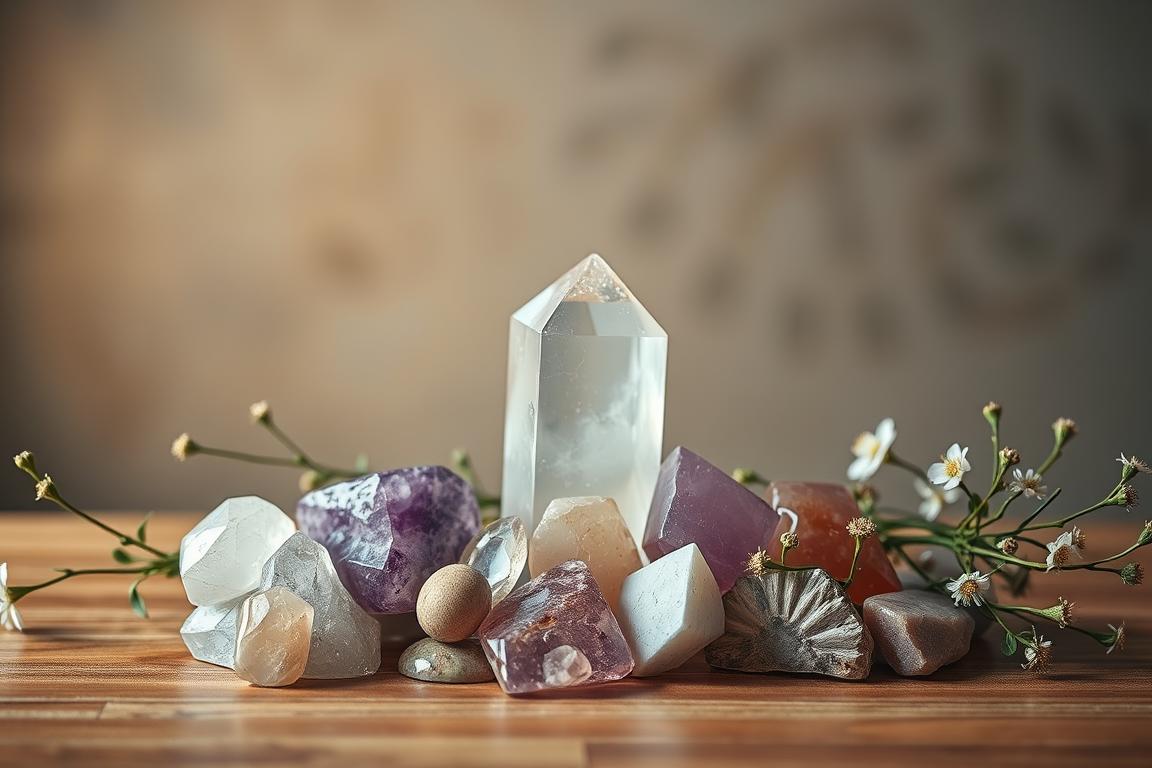 A meticulously arranged still life showcasing an assortment of natural healing stones against a serene backdrop. Soft, ambient lighting casts a warm, contemplative glow, highlighting the intricate textures and diverse hues of the crystals. Quartz, amethyst, and rose quartz sit atop a smooth, wooden surface, complemented by wispy strands of greenery and delicate blooms. The overall composition conveys a sense of balance, tranquility, and the inherent power of these natural wonders, inviting the viewer to consider the potential benefits and proper precautions when incorporating them into one's life and home.