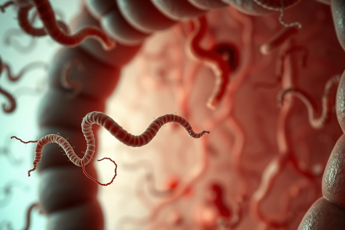 A microscopic view of the stomach lining, revealing the helical shape of Helicobacter pylori bacteria. The foreground shows the twisted, spiral forms of the microbes, their flagella propelling them through the mucosal layer. The middle ground depicts the inflamed, irritated stomach wall, with blood vessels and tissue damage visible. The background is blurred, suggesting the broader context of a human stomach experiencing discomfort and pain. Soft, muted lighting casts an ominous, unsettling atmosphere, hinting at the role these pathogenic bacteria play in causing gastric distress. A microscopic view of the stomach lining, revealing the helical shape of Helicobacter pylori bacteria. The foreground shows the twisted, spiral forms of the microbes, their flagella propelling them through the mucosal layer. The middle ground depicts the inflamed, irritated stomach wall, with blood vessels and tissue damage visible. The background is blurred, suggesting the broader context of a human stomach experiencing discomfort and pain. Soft, muted lighting casts an ominous, unsettling atmosphere, hinting at the role these pathogenic bacteria play in causing gastric distress.