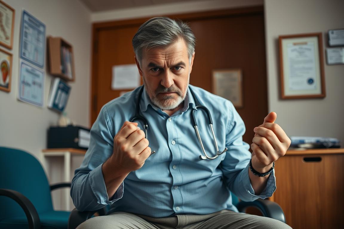 A middle-aged man sitting in a doctor's office, nervously fidgeting as he waits for his appointment. The room is well-lit with a warm, calming atmosphere, the walls adorned with medical charts and diplomas. The man's face reflects a mix of concern and determination, his posture tense yet resolute. The scene conveys a sense of trust and professionalism, setting the stage for a constructive medical consultation to address the man's digestive concerns.