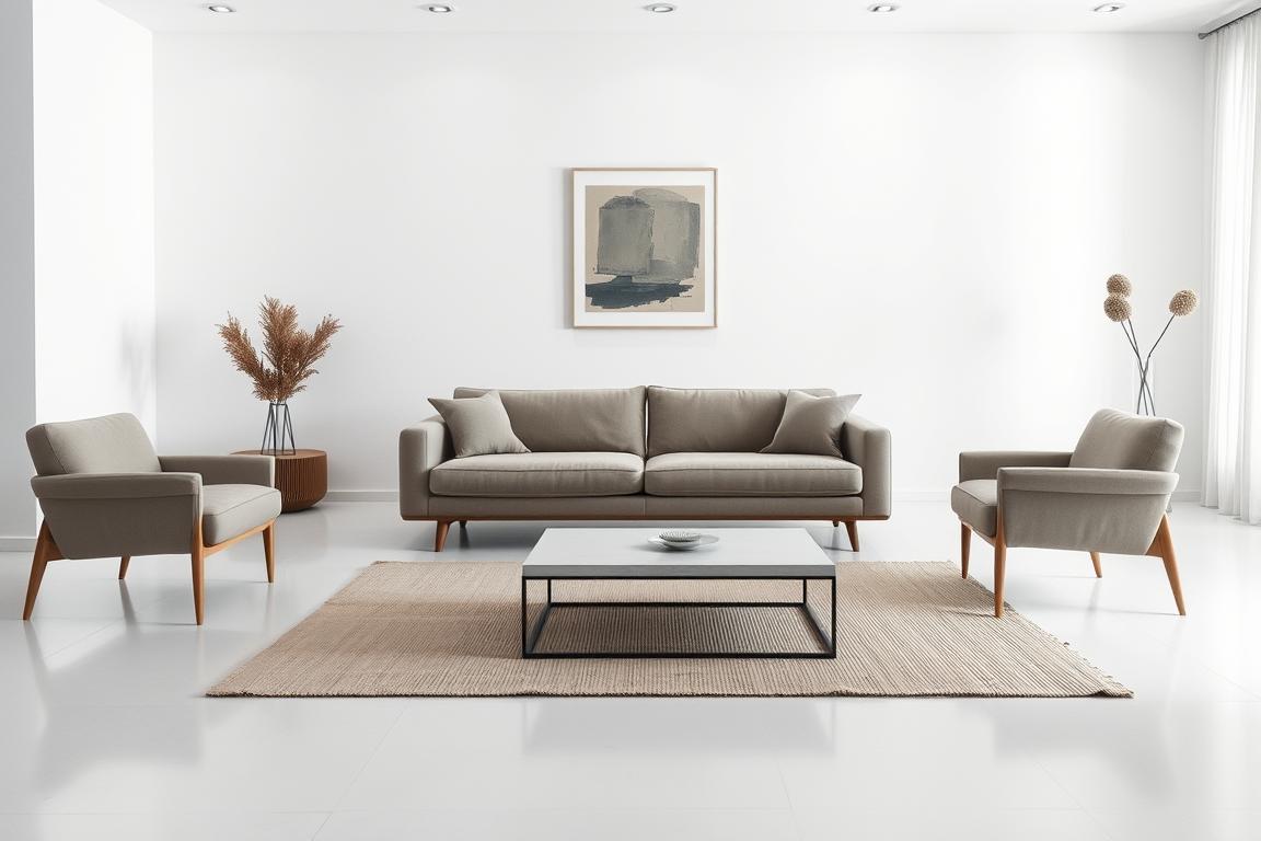 A minimalist living room with clean lines and a calm, serene atmosphere. Prominent in the foreground, a mid-century modern sofa in a muted color palette, complemented by a pair of matching armchairs. In the middle ground, a low, rectangular coffee table with a simple, geometric design, atop a neutral-toned area rug. The background features a large, uncluttered wall with a single, tasteful piece of abstract artwork, illuminated by soft, indirect lighting. The overall mood is one of tranquility and thoughtful curation, reflecting the essence of conscious furniture selection.