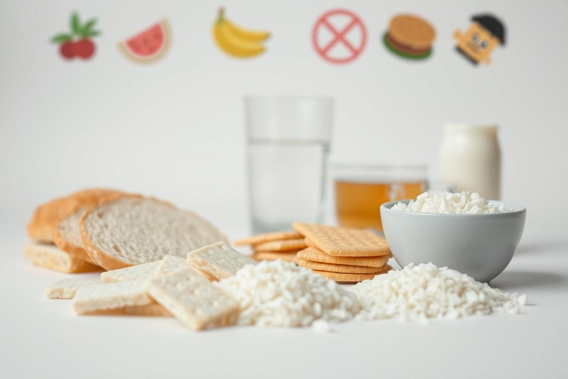 A minimalist still life capturing foods that may upset a sensitive stomach. In the foreground, an assortment of white bread, crackers, and plain rice against a soft white backdrop. The middle ground features a glass of plain water and a cup of chamomile tea. In the background, blurred images of acidic fruits, fried foods, and dairy products - items to avoid. Bright, diffused lighting creates a clean, clinical atmosphere. Captured with a macro lens to emphasize the simplicity of the "safe" foods. This image conveys the idea of a limited, gentle diet for a delicate digestive system.