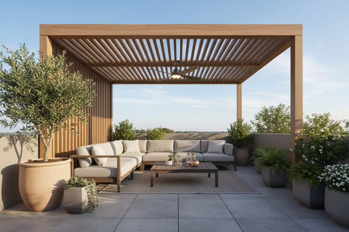 A modern terrace covered with a stylish overhang, featuring various accessories for enhanced comfort. In the foreground, elegantly arranged outdoor furniture, including a cozy seating area with plush cushions and a low coffee table. Mid-ground includes a sleek ceiling fan integrated into the overhang, emphasizing ventilation. Potted plants add a touch of greenery, enhancing the welcoming atmosphere. The background displays a clear blue sky, with soft sunlight casting gentle shadows, creating a serene, inviting mood. The scene is captured from a slightly elevated angle, using a wide-angle lens to encompass the entire terrace and accessories, highlighting the blend of style and functionality in outdoor living.