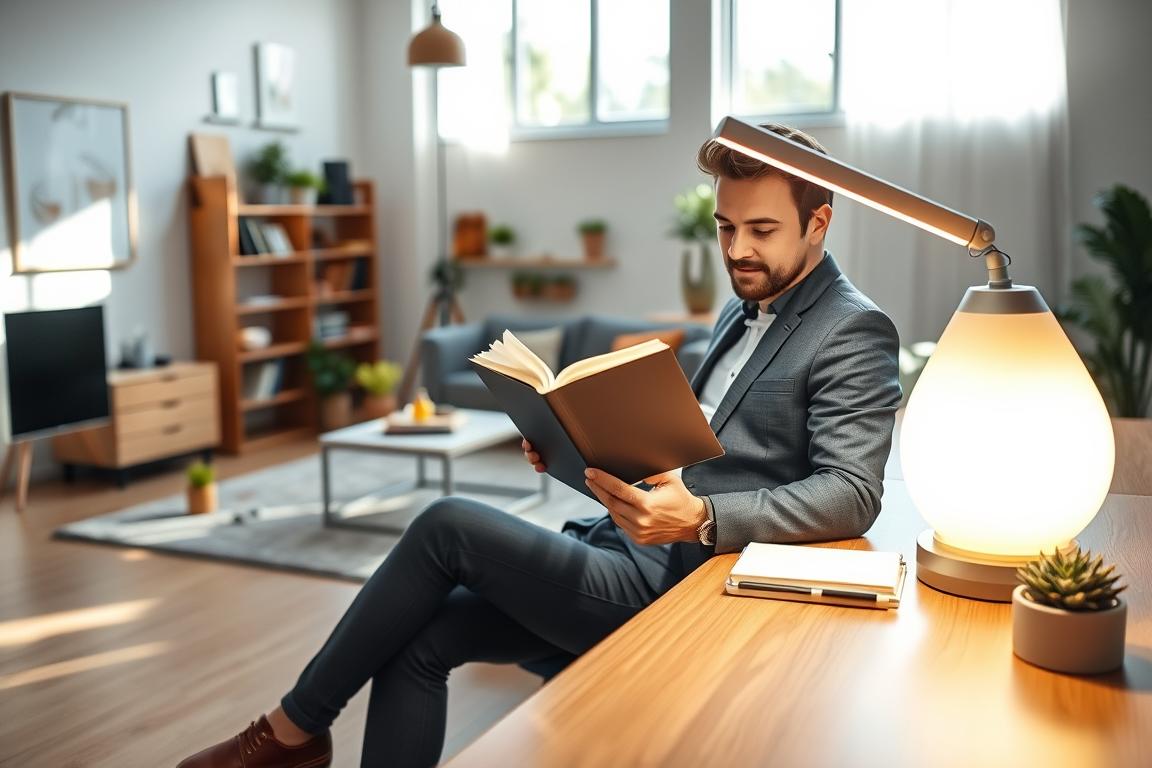 A modern, well-lit home office featuring a stylish daylight lamp prominently positioned on a sleek wooden desk. In the foreground, a person in smart casual clothing is seated, attentively reading a book under the soft glow of the lamp, emphasizing the therapeutic benefits of daylight exposure. The middle ground showcases a vibrant desk with plants and stationery, while the background includes a cozy living room area with a warm, inviting atmosphere. Sunlight filters through a nearby window, casting a natural glow that complements the lamp's light. The mood is calming and productive, evoking a sense of wellbeing and focus, with a balanced composition that highlights both the lamp and the individual efficiently.